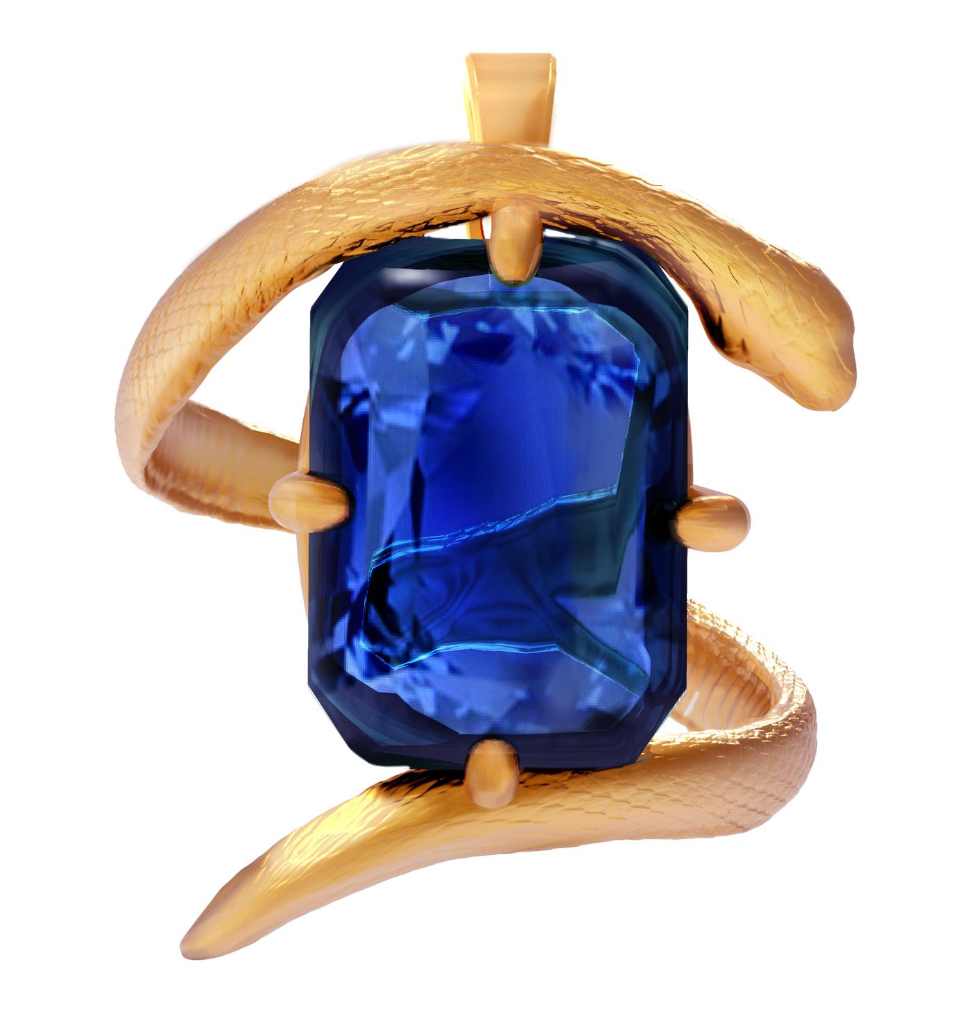 Women's or Men's Yellow Gold Pendant Necklace with Natural Four Carats Vivid Sapphire For Sale