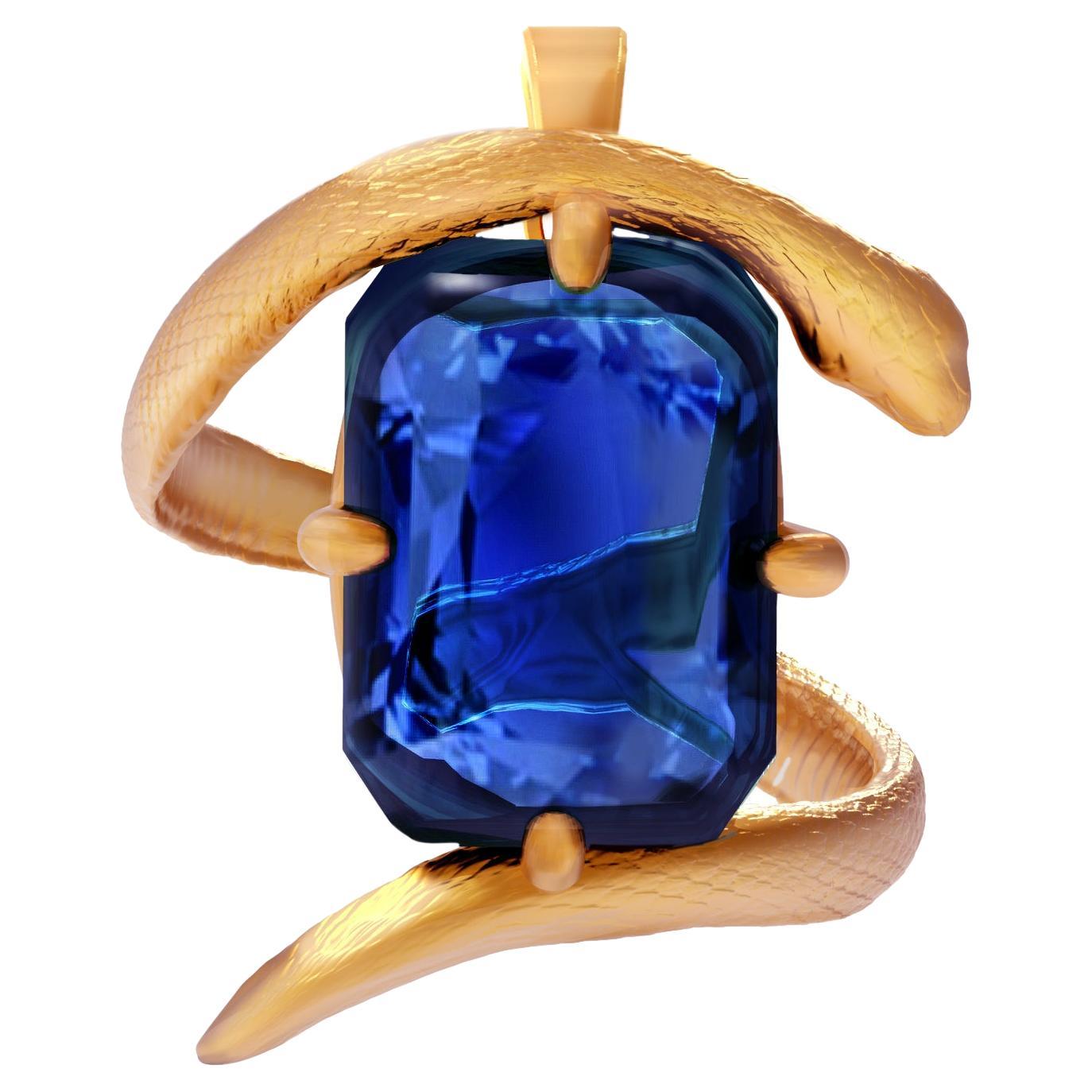 Yellow Gold Pendant Necklace with Natural Four Carats Vivid Sapphire For Sale