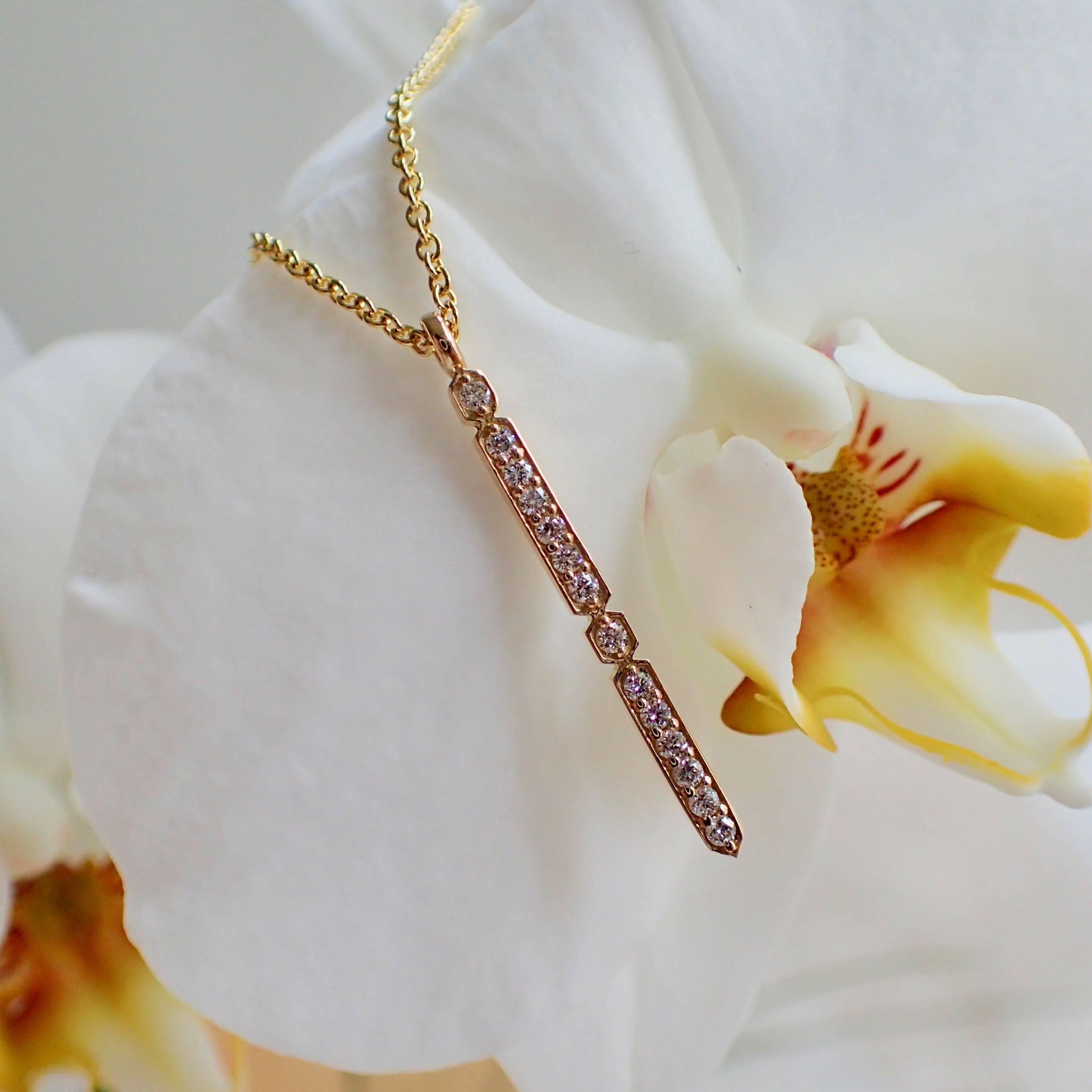 18k Yellow Gold, 18” long, 1.5mm Cable Chain with Pendant, from the Hex Collection, that contains fourteen (14) 1.5mm Round Brilliant Cut Diamonds that weigh a total of 0.21 carats and have Clarity Grade VS and Color Grade G. The necklace weighs 4.7