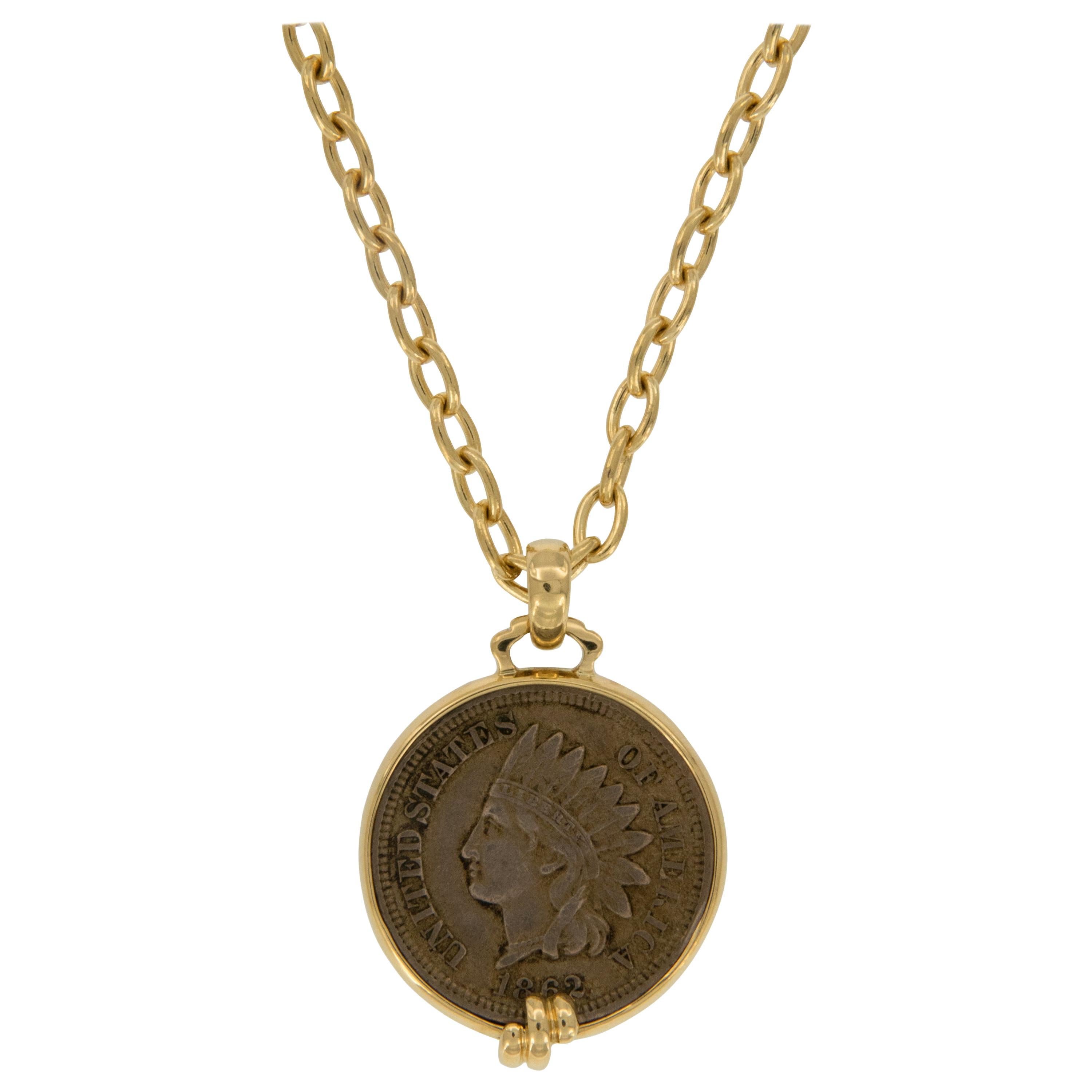 18 Karat Yellow Gold Pendant with 1862 American Indian Head Penny