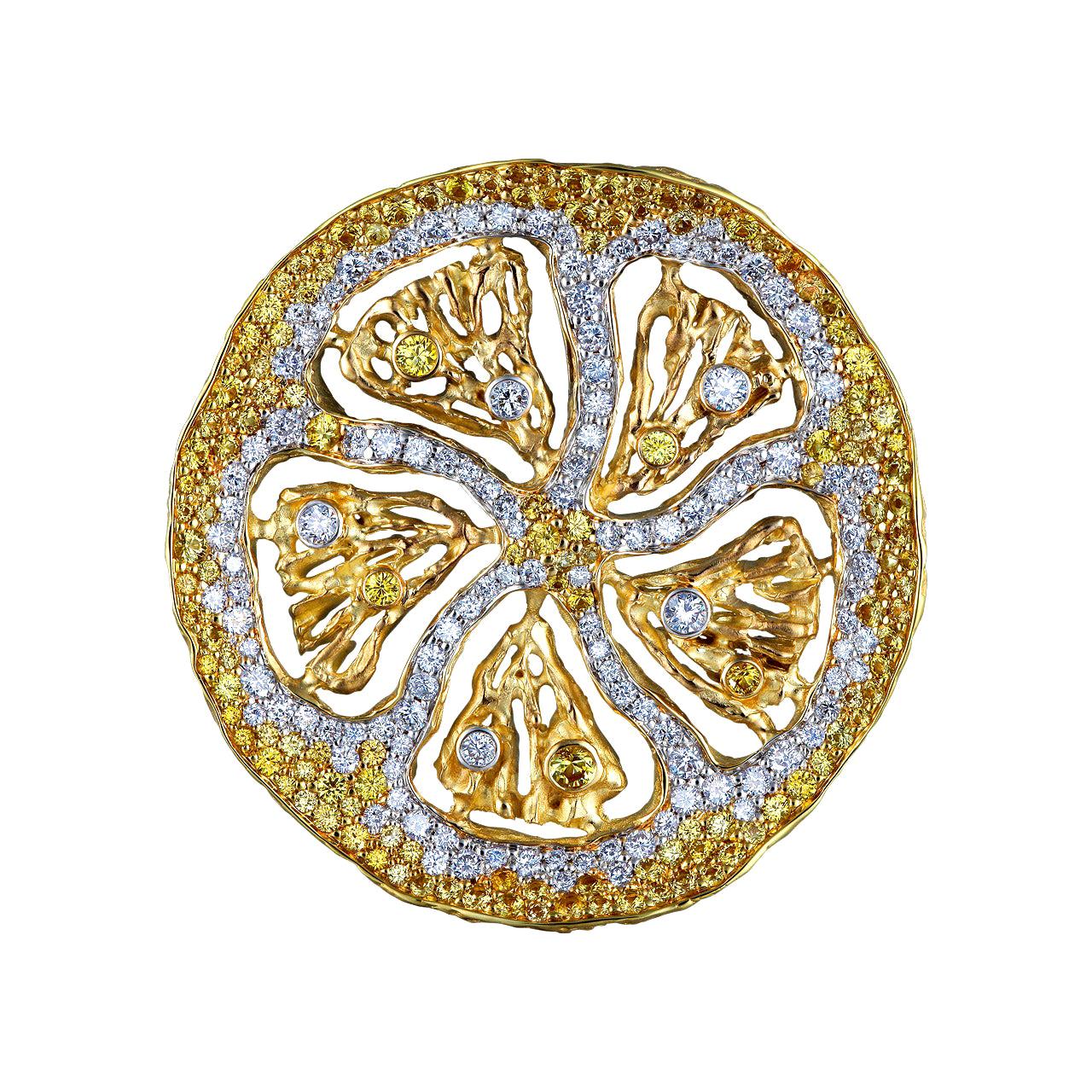 18 Karat Yellow Gold Pendant with Diamonds and Yellow Sapphires For Sale