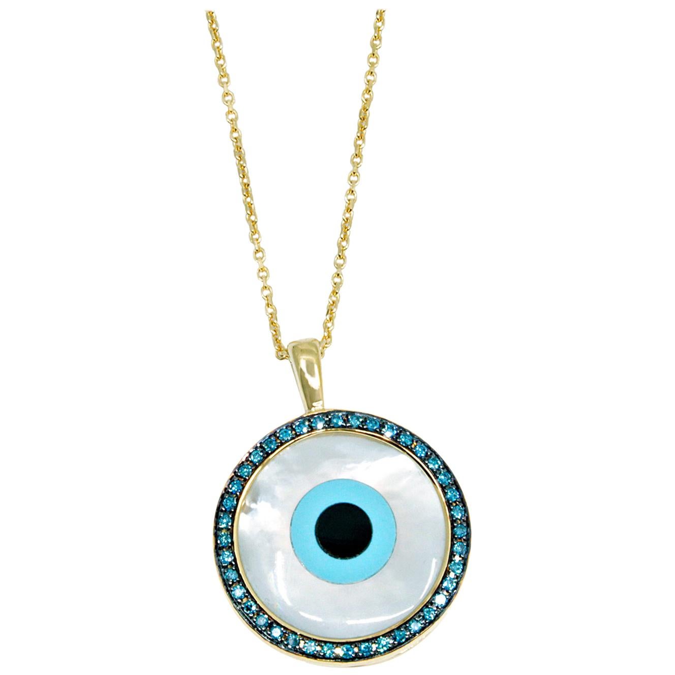 18 Karat Yellow Gold Pendant with Diamonds, Turquoise and Mother of Pearl Inlay For Sale