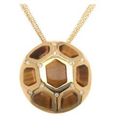 18 Karat Yellow Gold Pendent with Tiger Eye Recut Stones Made in Italy with Box