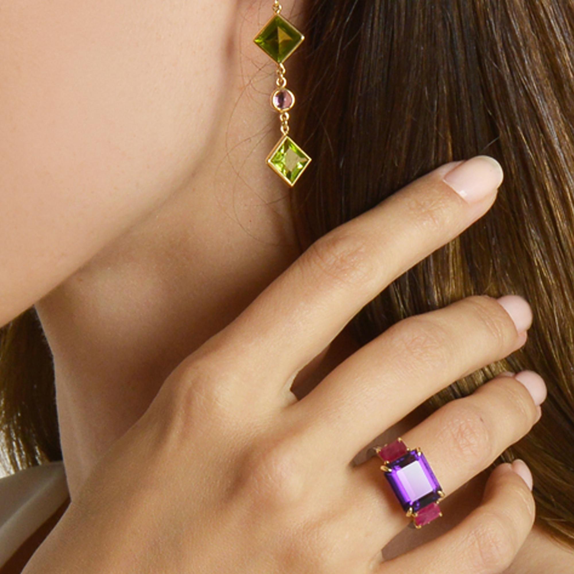 Emerald Cut Paolo Costagli 18 Karat Yellow Gold Peridot & Pink Sapphire Florentine Earrings For Sale