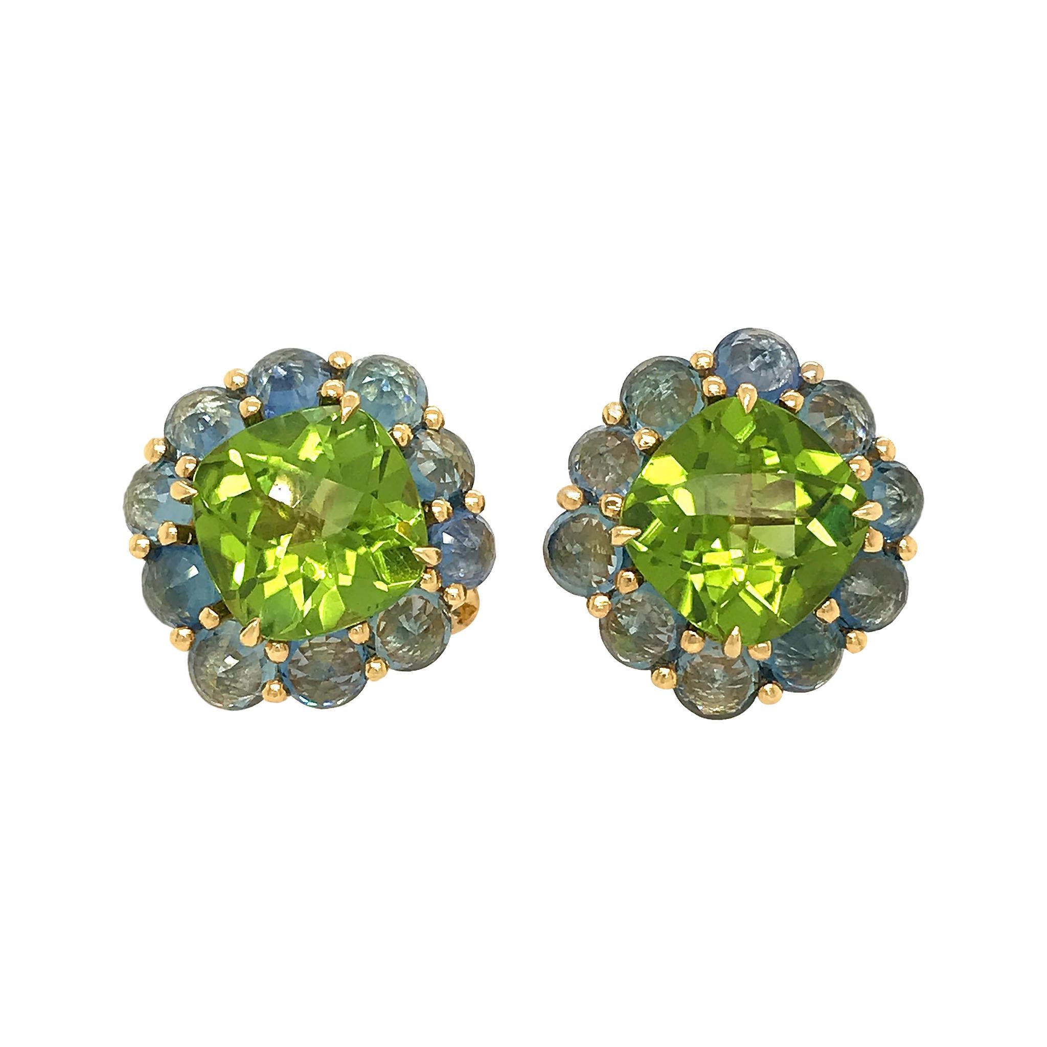 Paolo Costagli 18k Yellow Gold Peridot and Sapphire Earrings For Sale