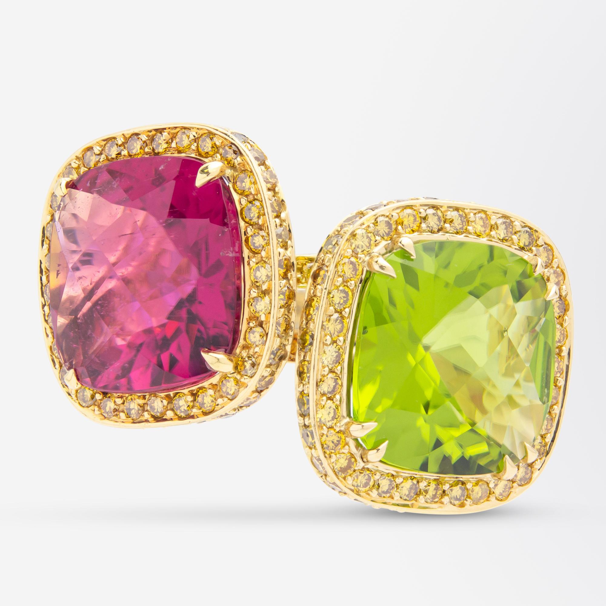 18 Karat Yellow Gold, Peridot, & Yellow Diamond Ring After 'Nardi' Design In Good Condition For Sale In Brisbane City, QLD