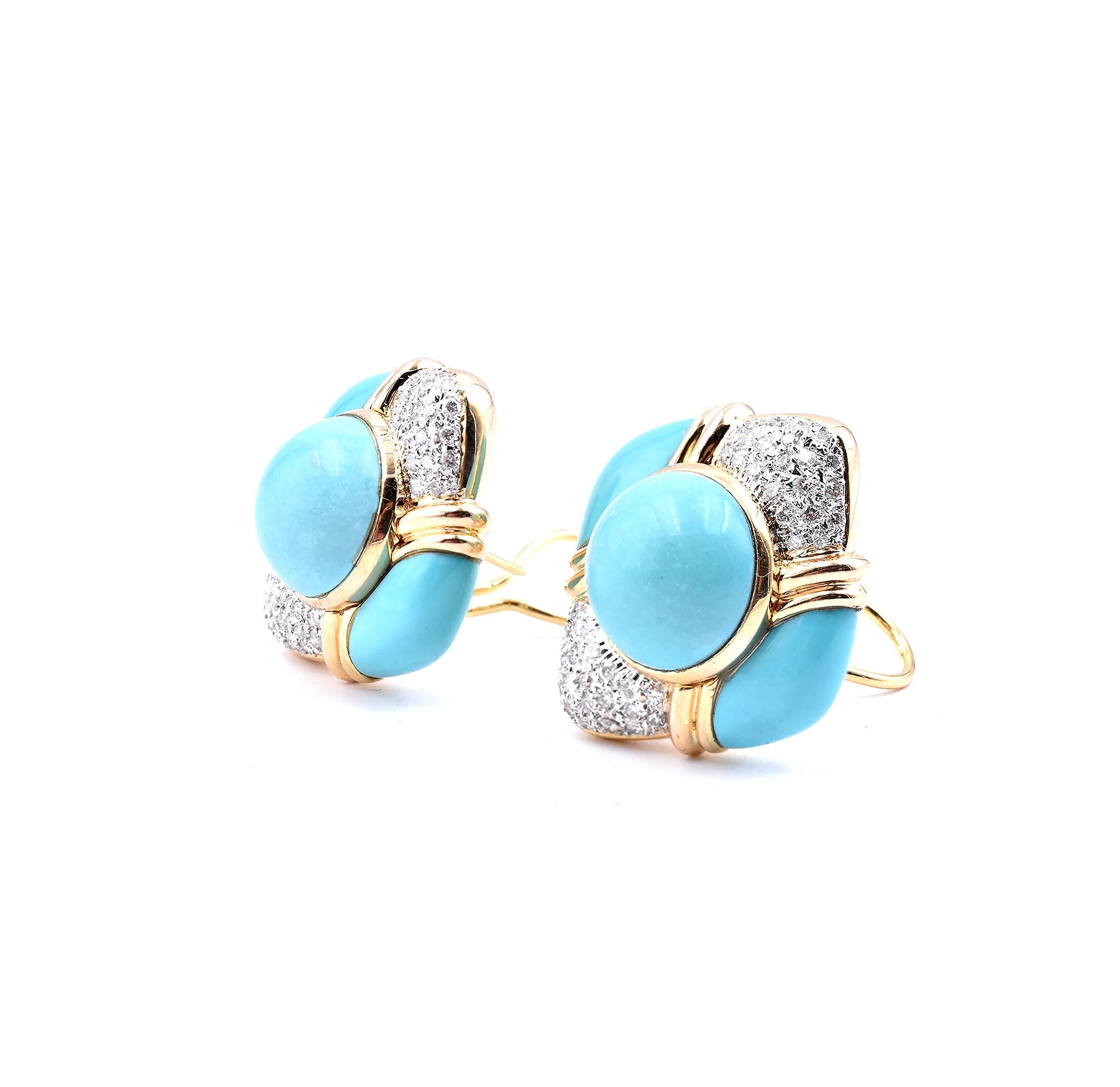 Round Cut 18 Karat Yellow Gold Persian Turquoise and Diamond Button Earrings
