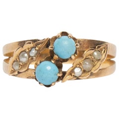 18 Karat Yellow Gold Persian Turquoise and Seed Pearl Fashion Ring, circa 1900s