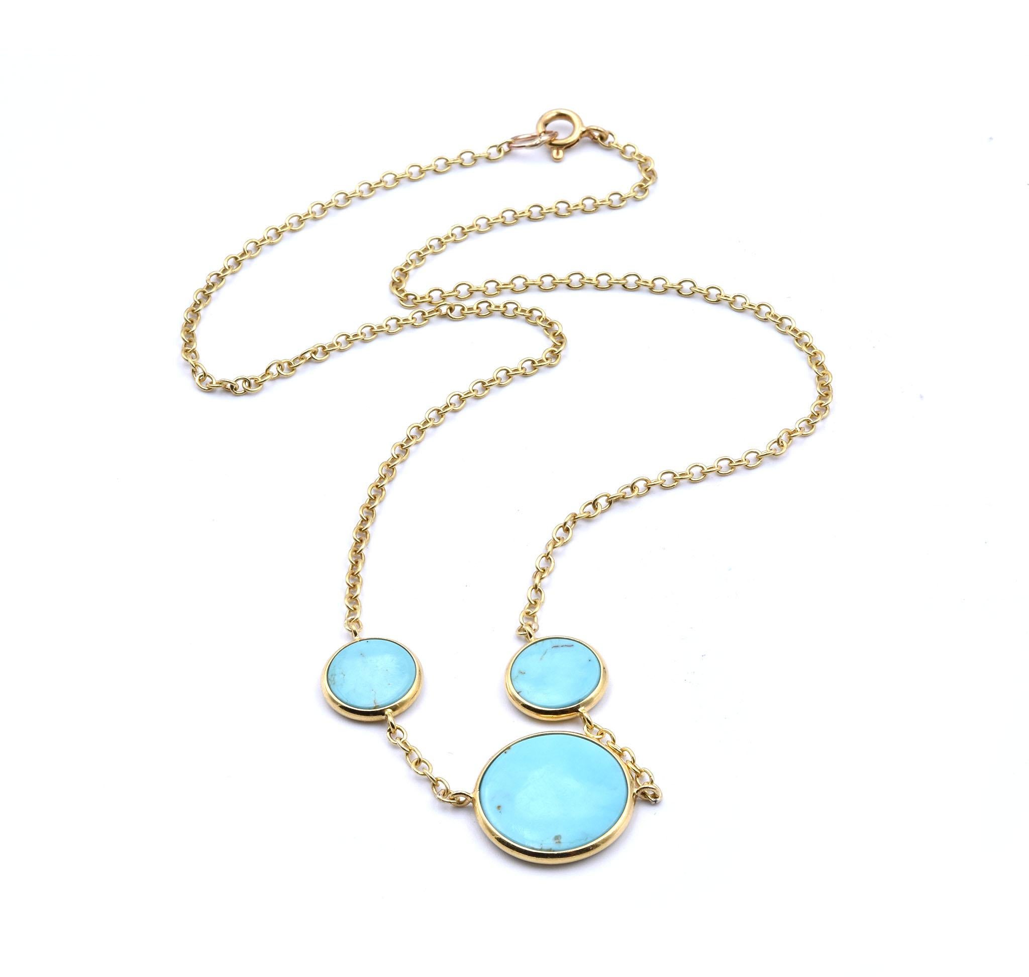 Material: 18k yellow gold
Gemstone: Persian turquoise
Dimensions: necklace is 16-inches in length, pendant measure 16.65mm x 27.25mm
Weight: 6.4 grams