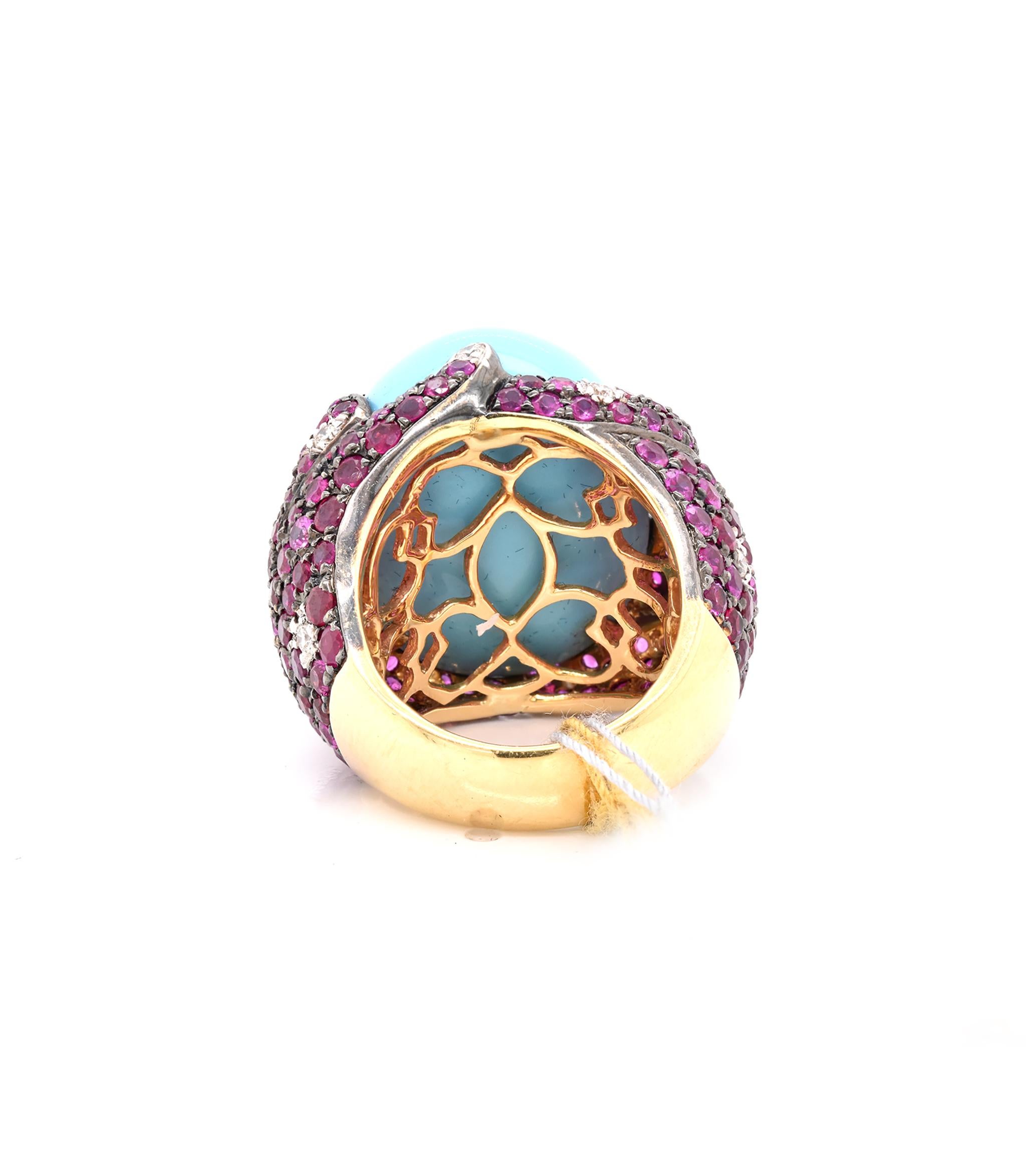 18 Karat Gelbgold Ring mit persischem Türkis, Rubin und Diamant im Zustand „Hervorragend“ im Angebot in Scottsdale, AZ