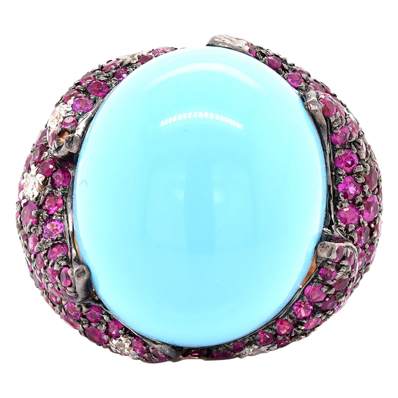 Bague en or jaune 18 carats avec turquoise de Perse, rubis et diamants