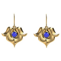 18 Karat Yellow Gold Petite Blue Sapphire Arabesque Flower Earrings