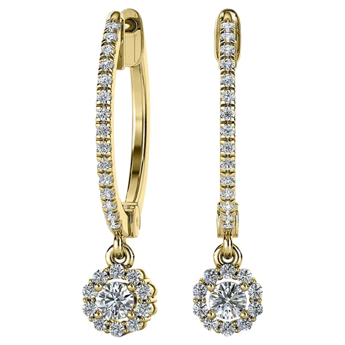 18 Karat Yellow Gold Petite Dangling Halo Diamond Earrings '1/3 Carat' For Sale