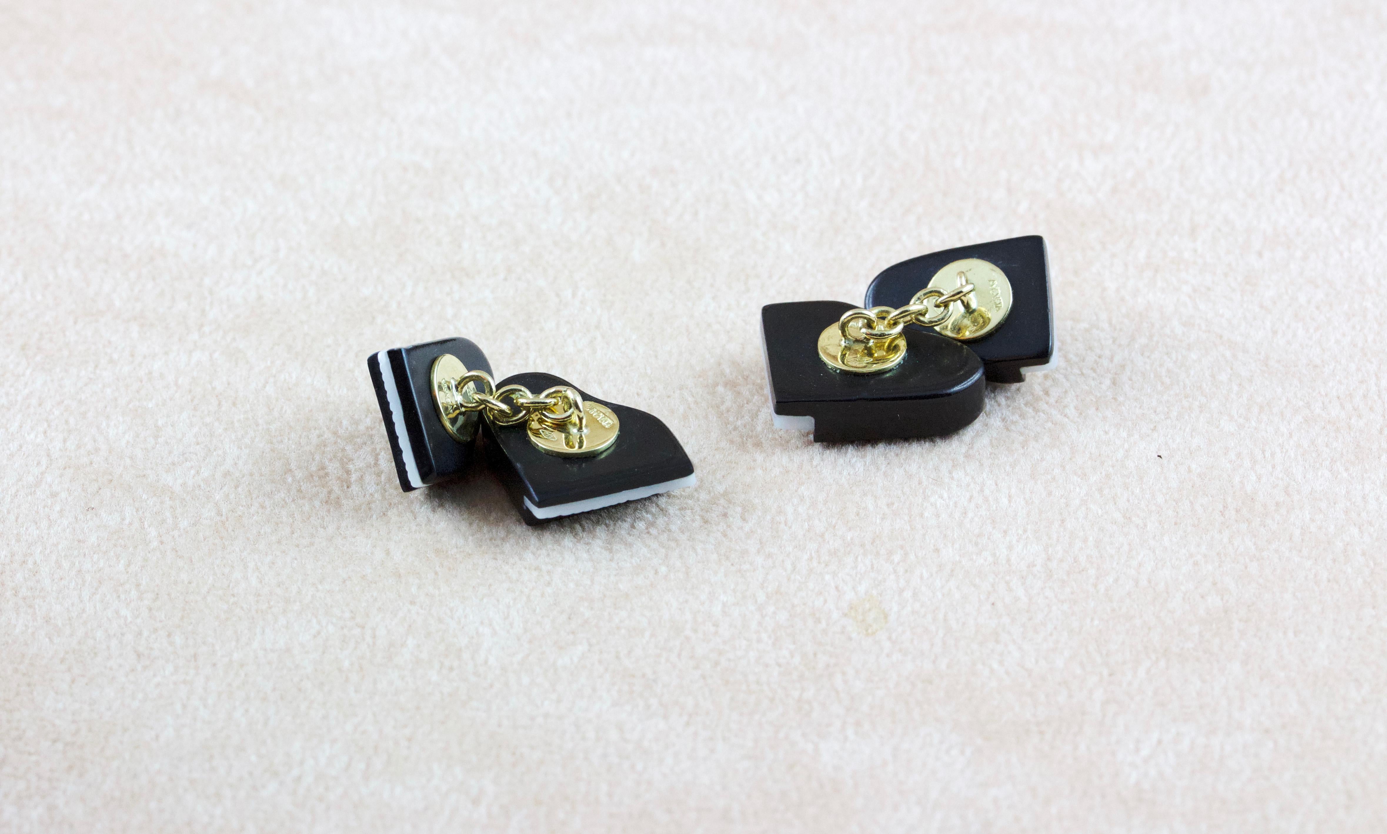 18 Karat Yellow Gold Piano Music Onyx Agate Cufflinks In New Condition In Milano, IT