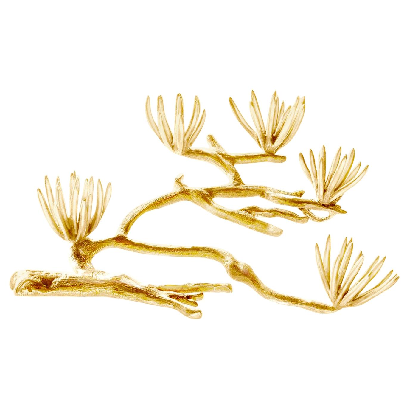 Featured in Vogue Eighteen Karat Yellow Gold Pine Brooch by the Artist For Sale