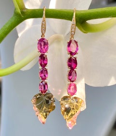 Pendants d'oreilles en or jaune 18 carats avec diamants et tourmaline rose et bicolore