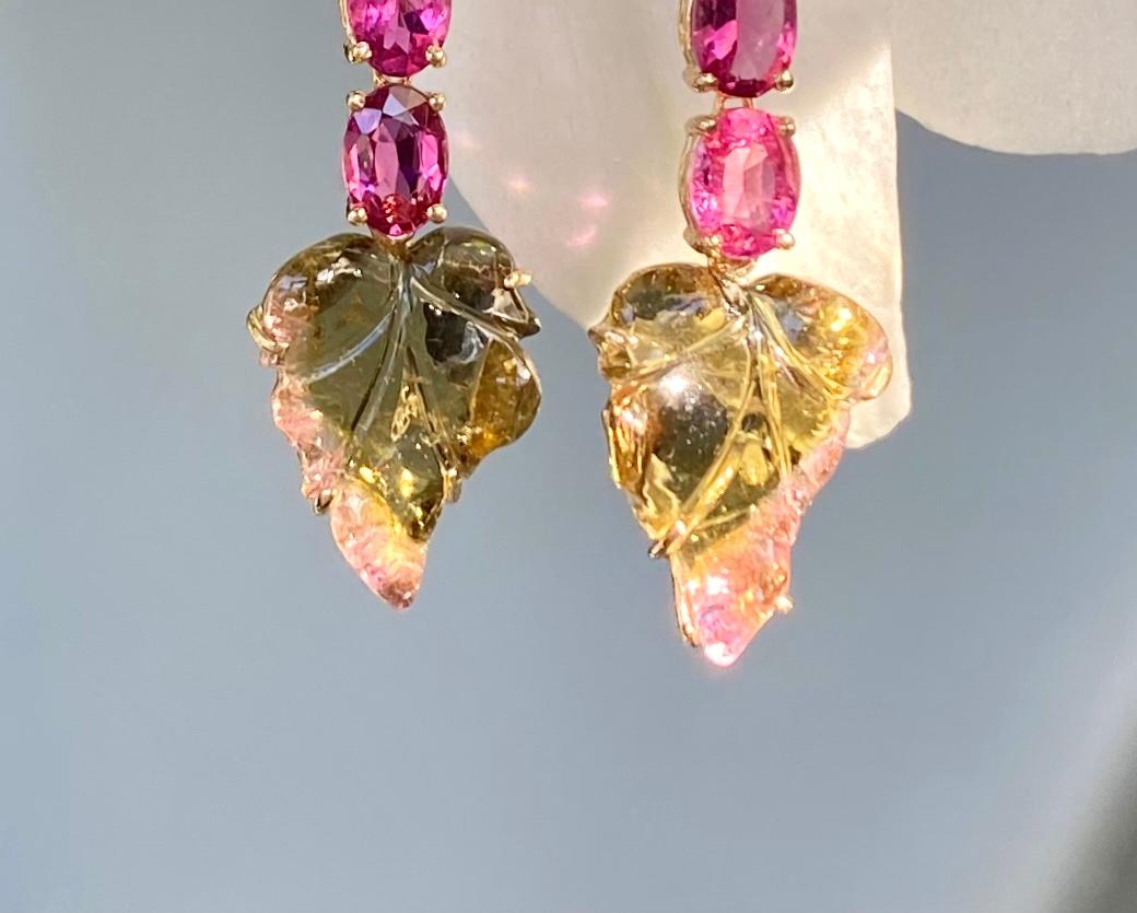 Mixed Cut 18 Karat Yellow Gold Pink and Bicolor Tourmaline Diamond Drop Dangle Earrings For Sale