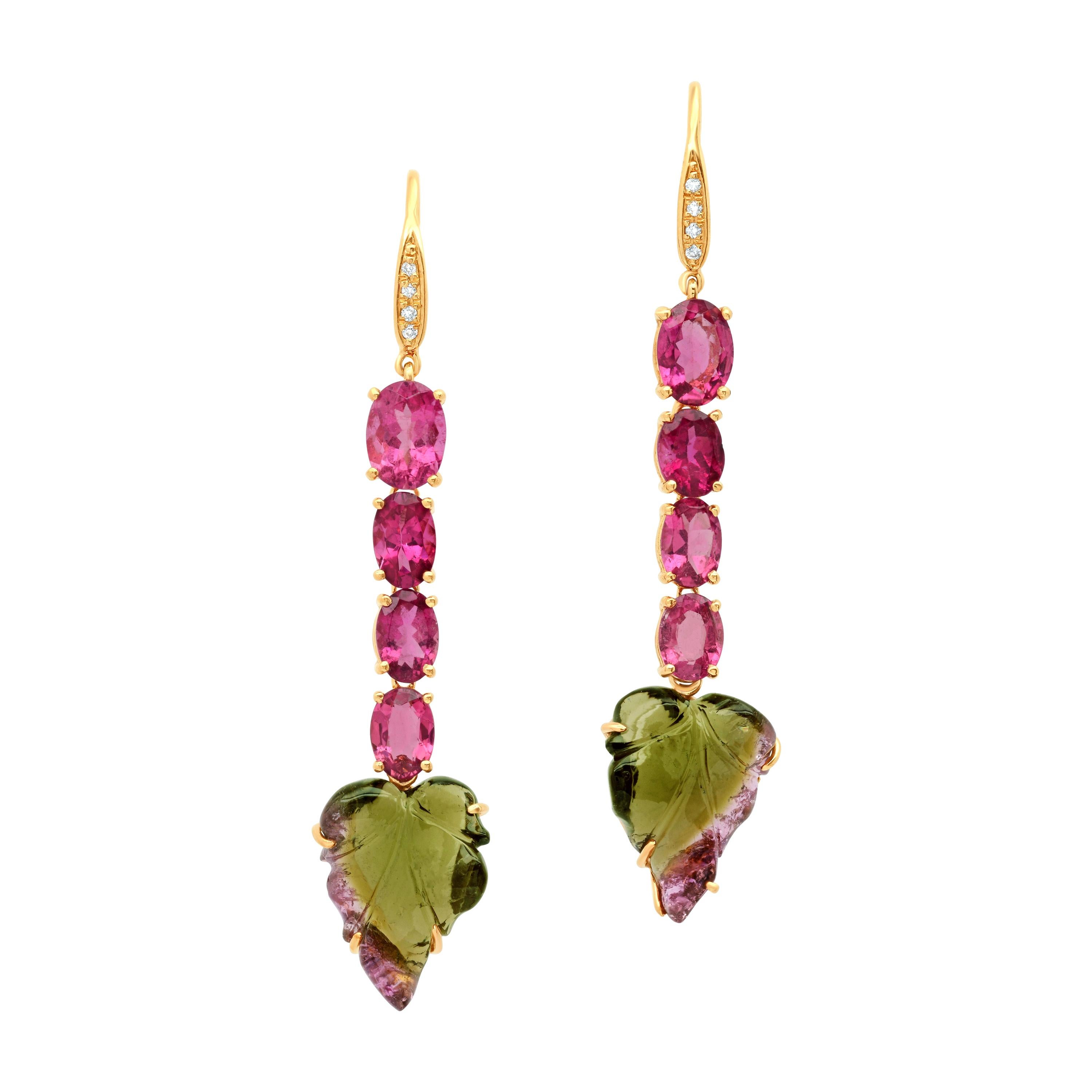 Pendants d'oreilles en or jaune 18 carats avec diamants et tourmaline rose et bicolore