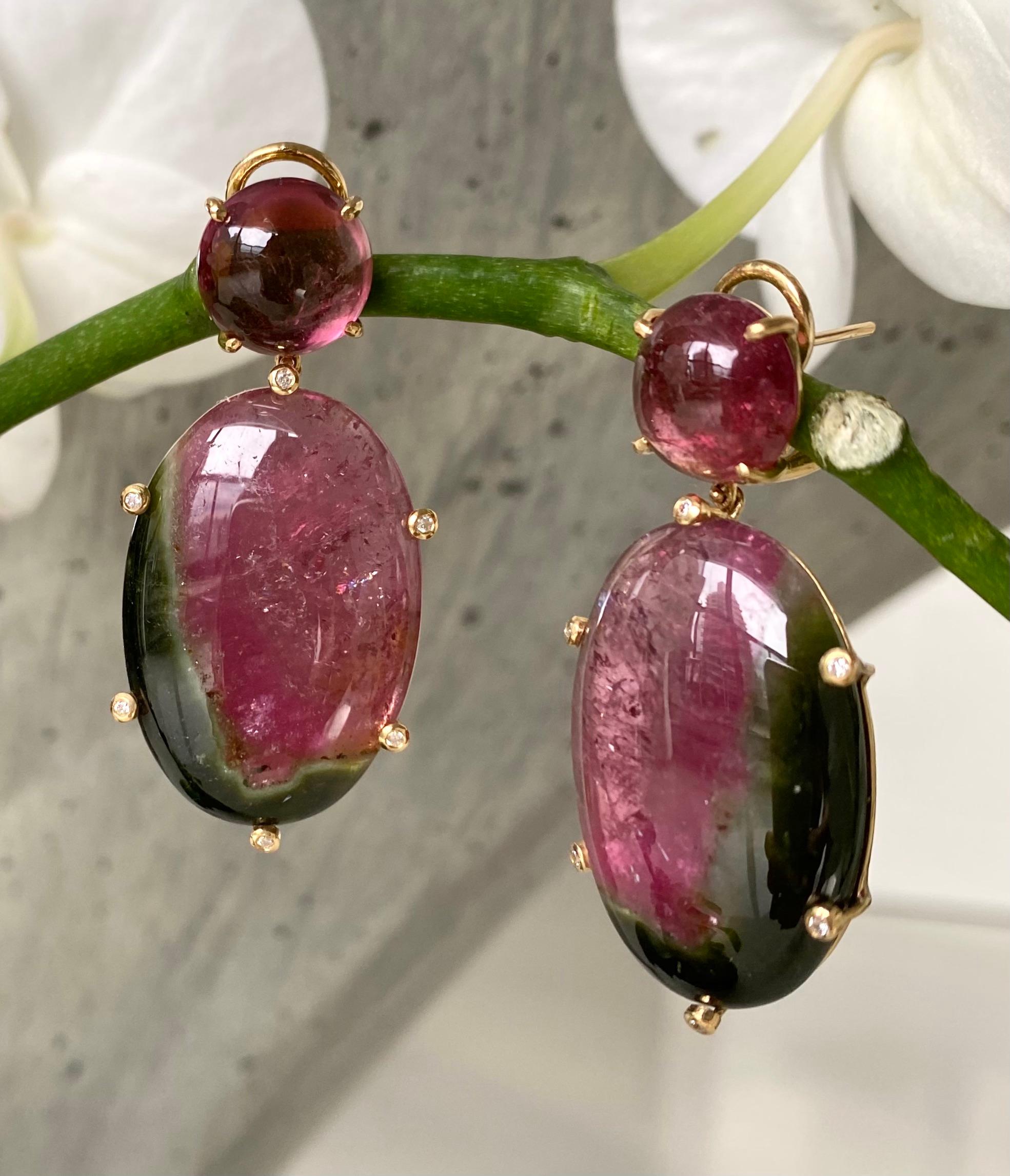 Earrings of round cabochon pink tourmalines and oval watermelon tourmaline drops with diamond accents, handcrafted in 18 karat yellow gold.

These gorgeous one-of-a-kind watermelon tourmaline dangle earrings are perfect for the spring and summer