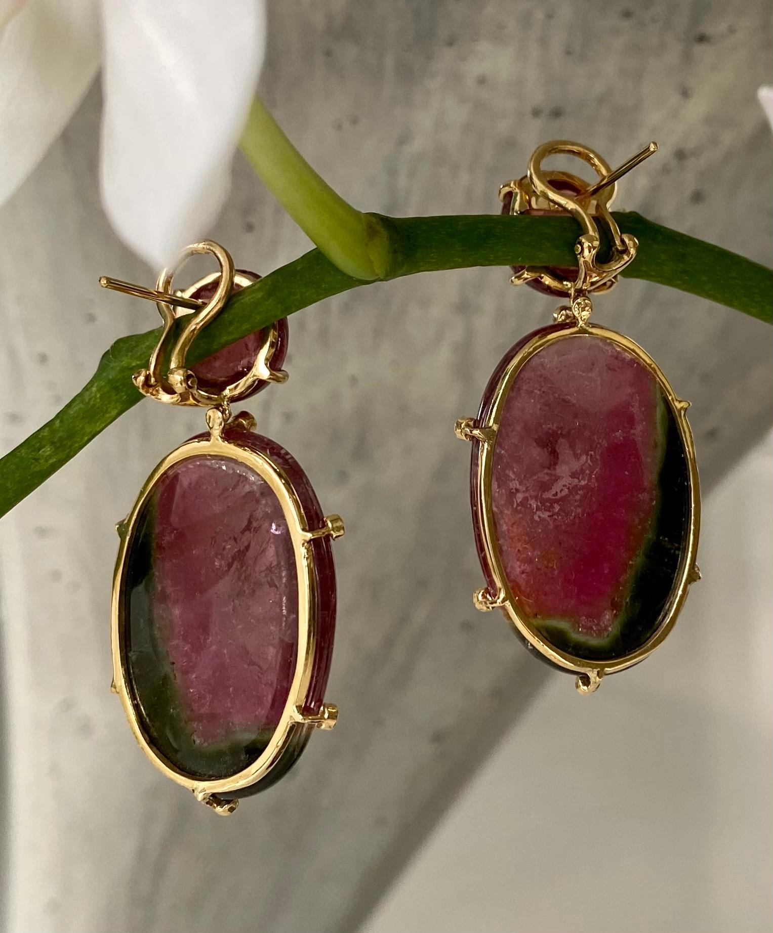 Contemporary 18 Karat Yellow Gold Pink and Watermelon Tourmaline Diamond Drop Dangle Earrings For Sale