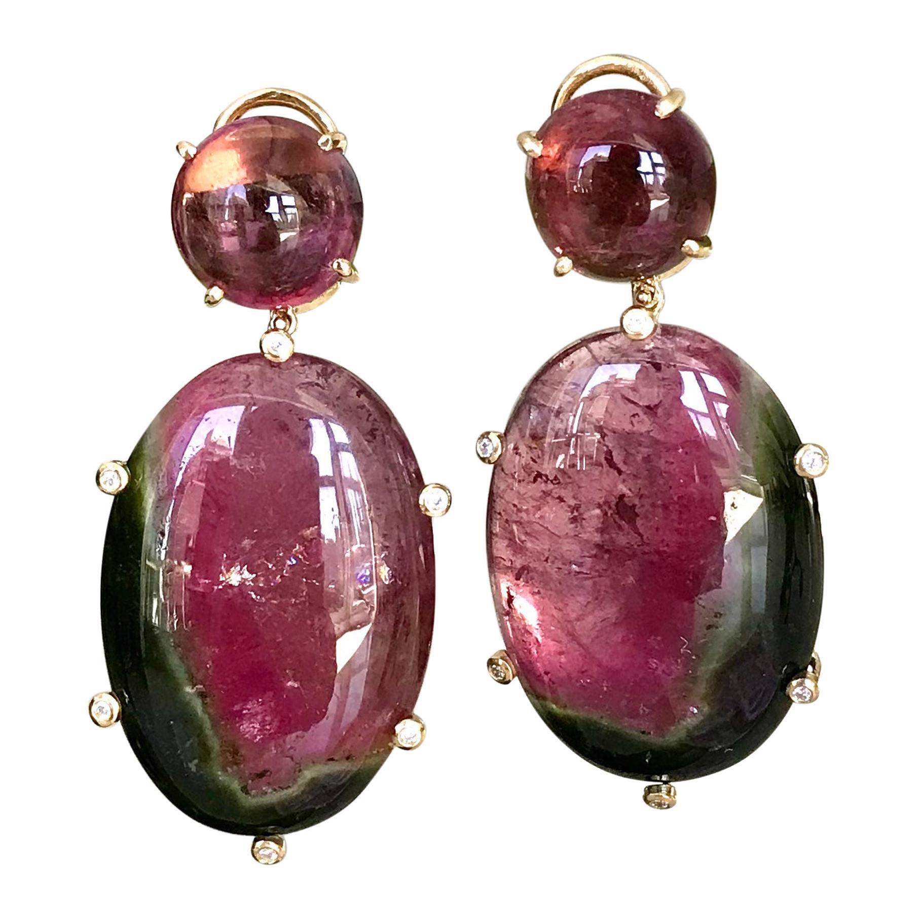 18 Karat Yellow Gold Pink and Watermelon Tourmaline Diamond Drop Dangle Earrings For Sale