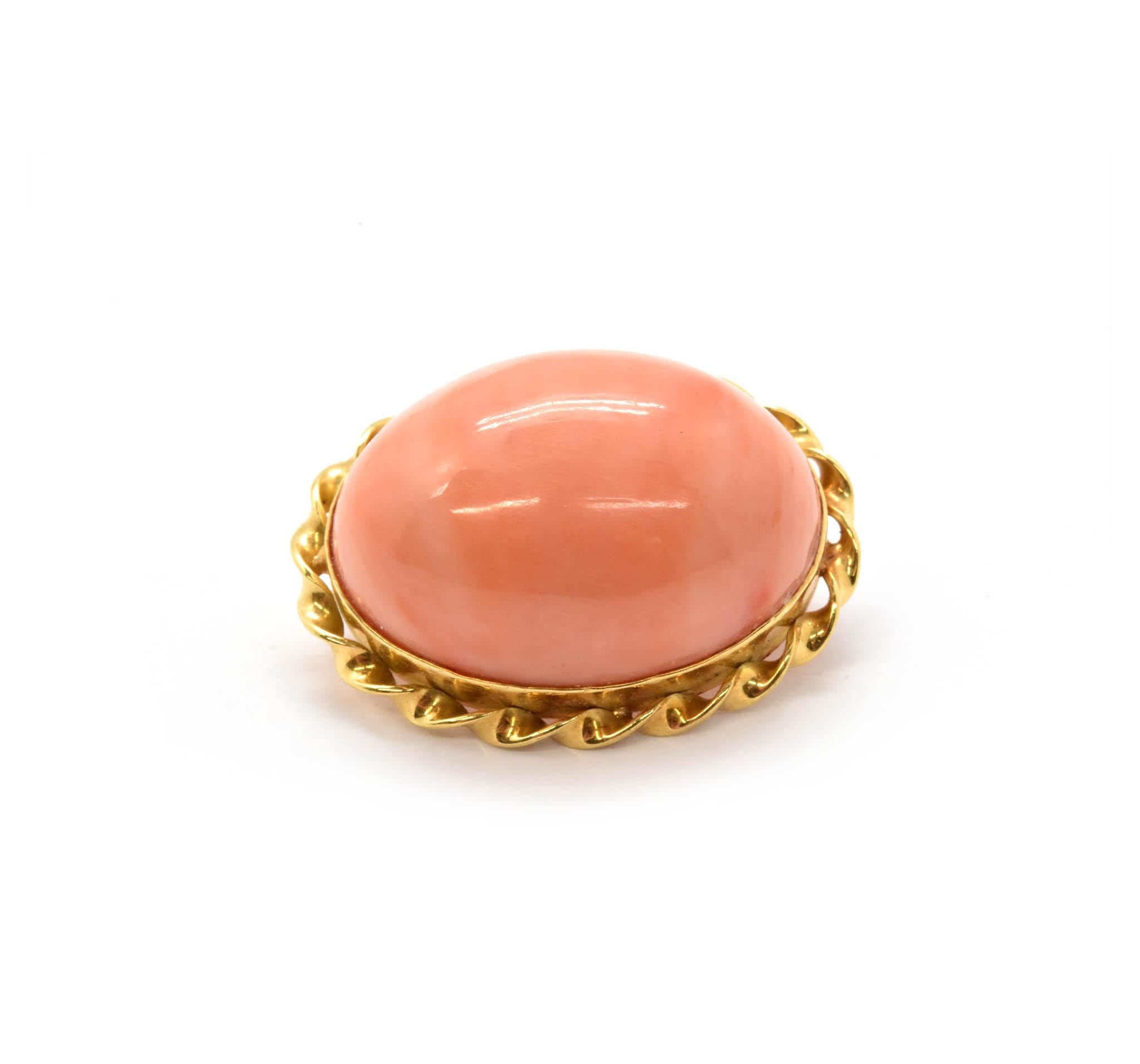 18 Karat Yellow Gold Pink Coral Pin with Gold Ribbon Border  In Excellent Condition In Scottsdale, AZ