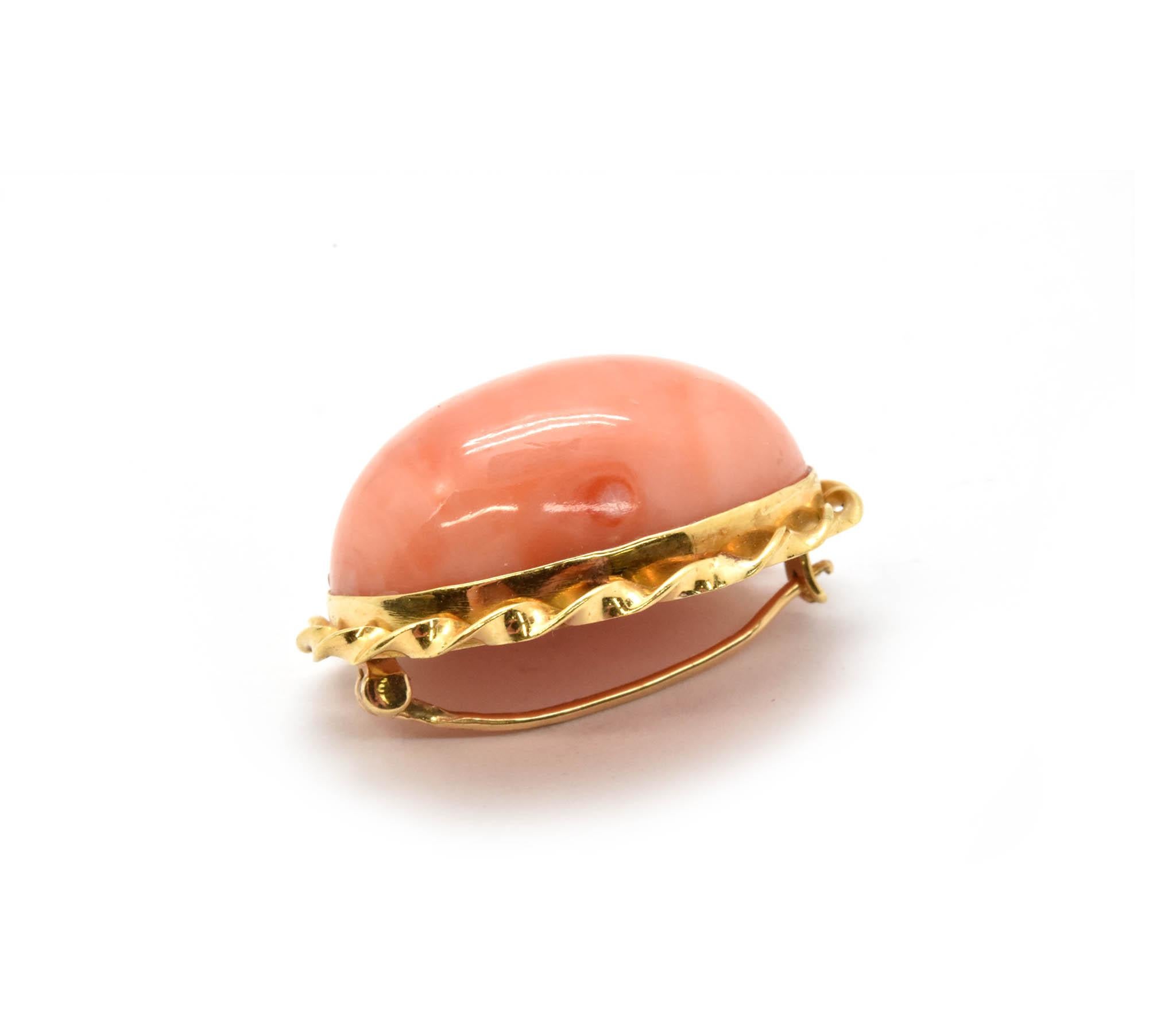 Women's or Men's 18 Karat Yellow Gold Pink Coral Pin with Gold Ribbon Border 