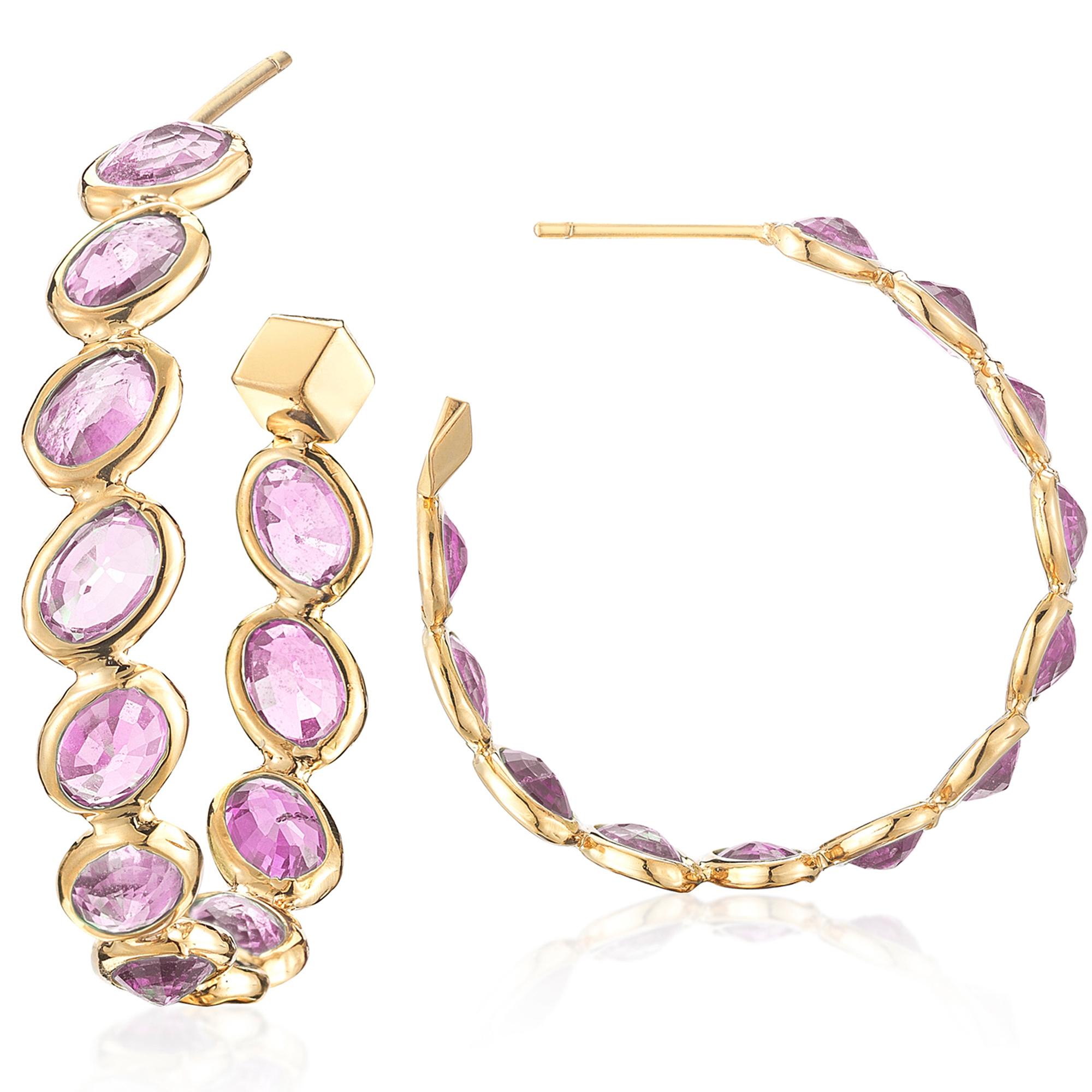 Oval Cut Paolo Costagli 18 Karat Yellow Gold Pink Sapphire Ombre Hoop Earrings, Medium For Sale