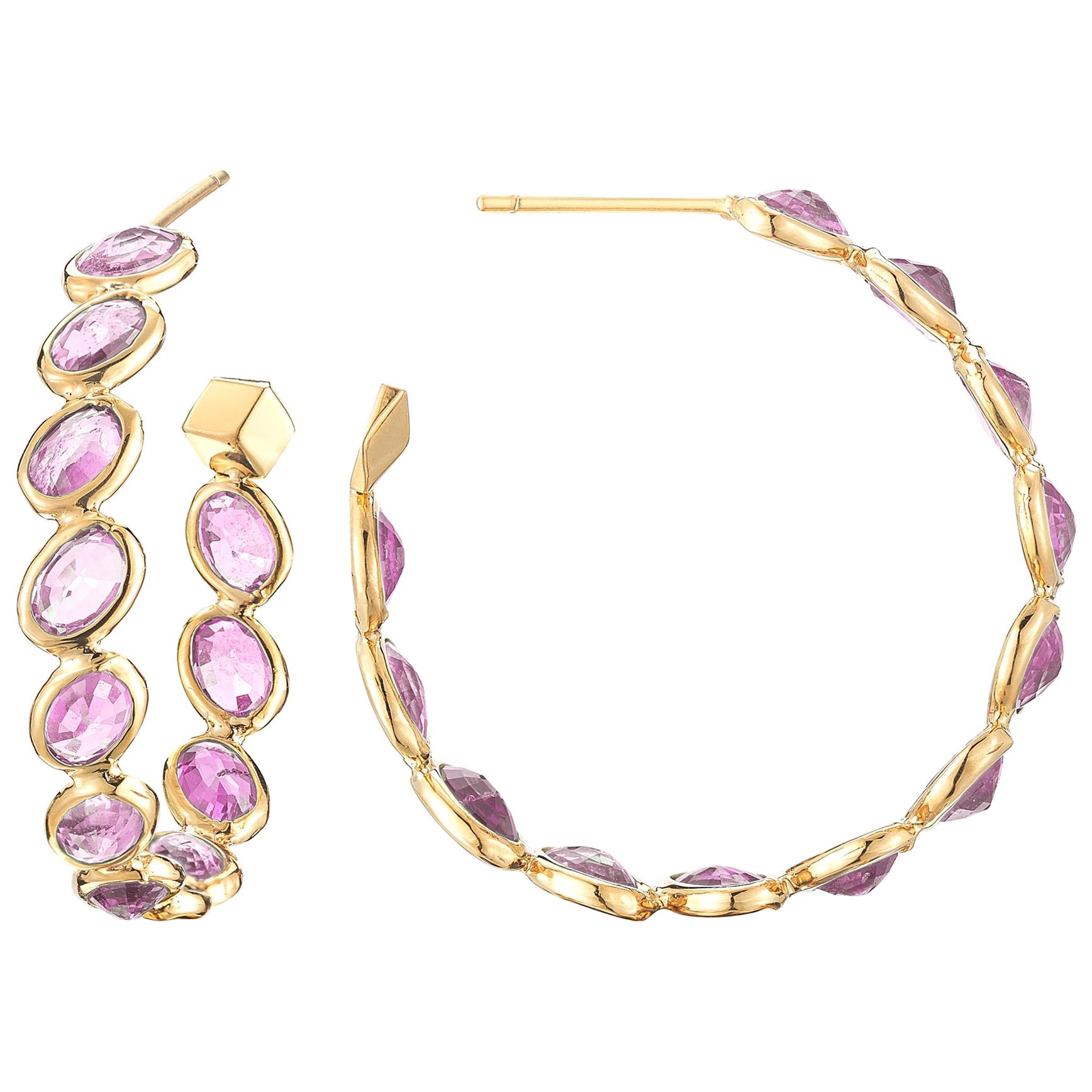 Paolo Costagli 18 Karat Yellow Gold Pink Sapphire Ombre Hoop Earrings, Medium For Sale