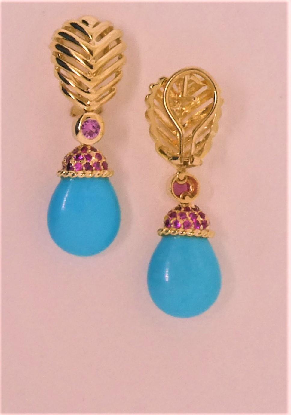 Contemporary 18 Karat Yellow Gold, Pink Sapphire '1.50 Carat' and Natural Turquoise Earrings For Sale