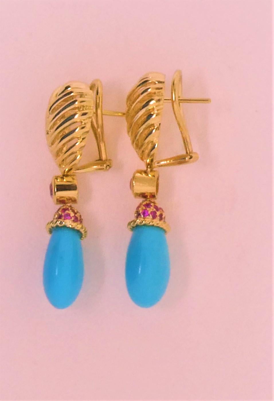 Pear Cut 18 Karat Yellow Gold, Pink Sapphire '1.50 Carat' and Natural Turquoise Earrings For Sale