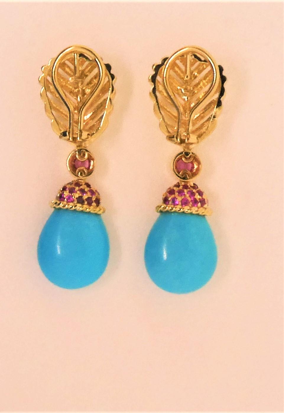 18 Karat Yellow Gold, Pink Sapphire '1.50 Carat' and Natural Turquoise Earrings In New Condition For Sale In Boca Raton, FL