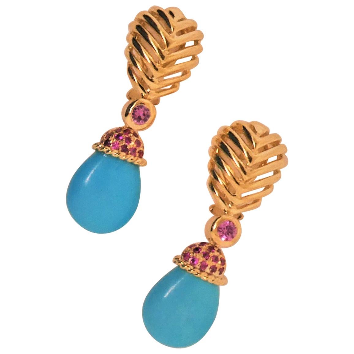 18 Karat Yellow Gold, Pink Sapphire '1.50 Carat' and Natural Turquoise Earrings For Sale