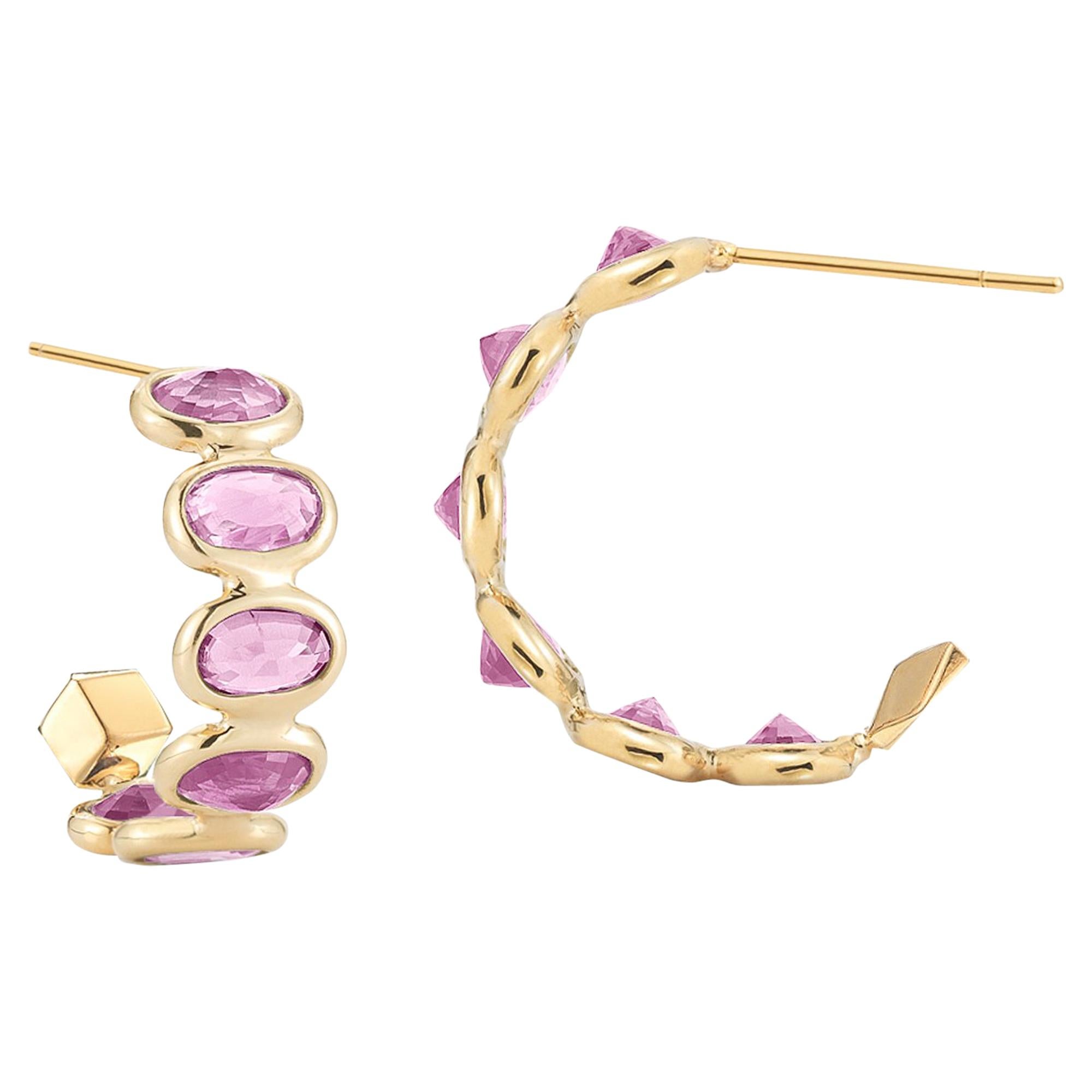 18 Karat Yellow Gold Pink Sapphire 3.70 Carat Hoop Earrings, Petite