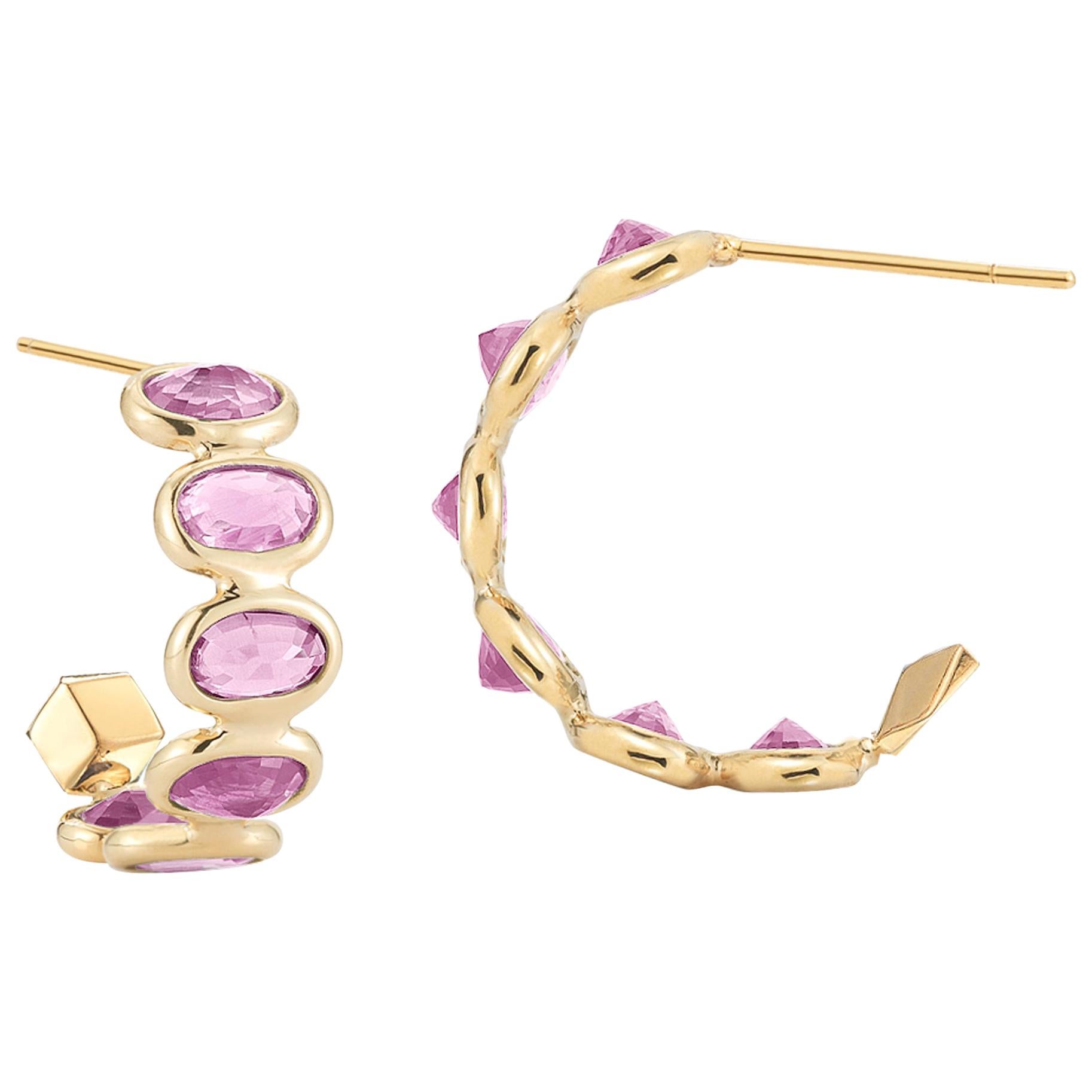 18 Karat Yellow Gold Pink Sapphire 3.70 Carat Hoop Earrings, Petite For Sale