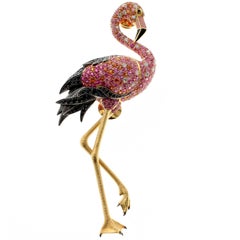 18 Karat Yellow Gold Pink Sapphire Diamond Flamingo Brooch