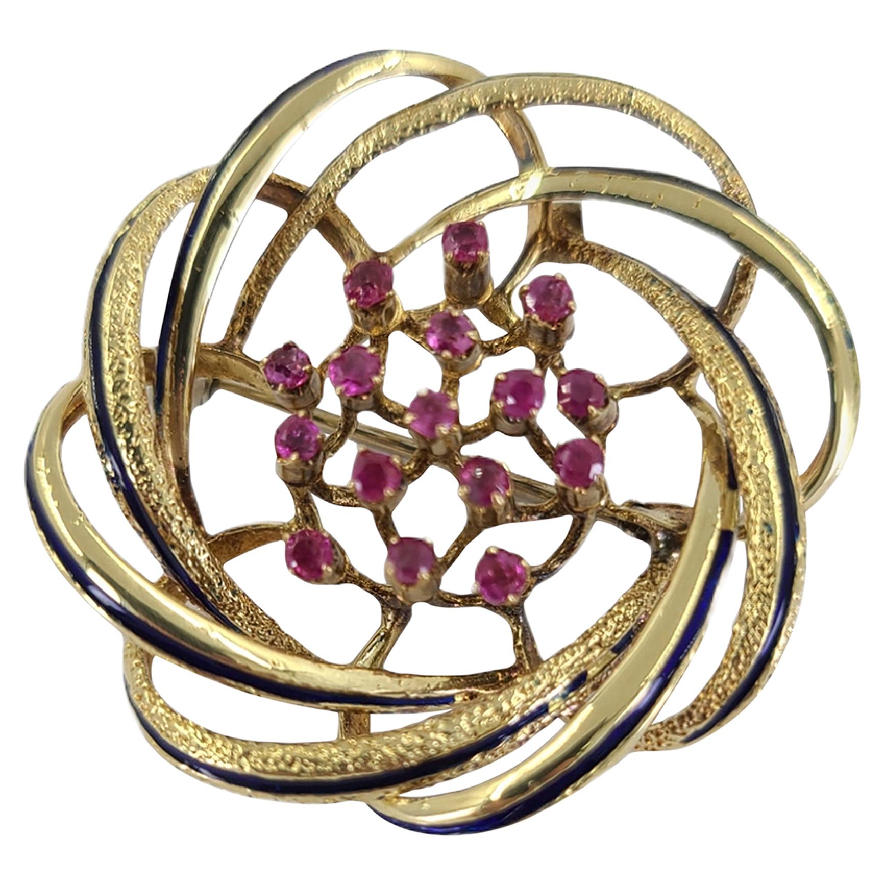 Yellow Gold, Pink Sapphire, & Enamel Swirl Brooch For Sale