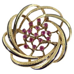 Retro Yellow Gold, Pink Sapphire, & Enamel Swirl Brooch