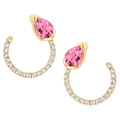 18 Karat Yellow Gold Pink Tourmaline Diamond Curved Earrings