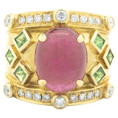 18 Karat Yellow Gold Pink Tourmaline, Green Tourmaline and Diamond Ring