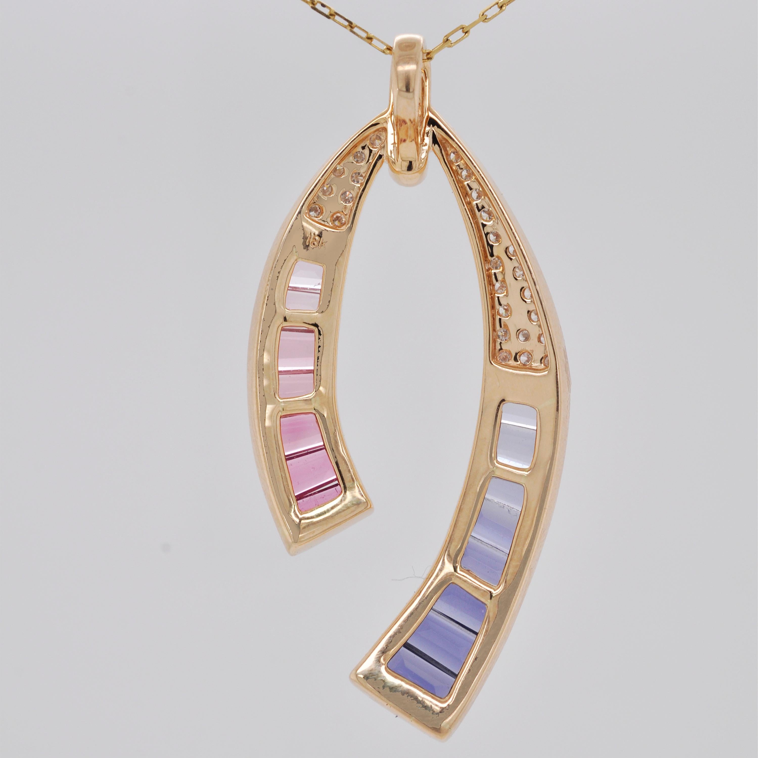 18 Karat Yellow Gold Pink Tourmaline Iolite Baguette Diamond Pendant Necklace For Sale 3