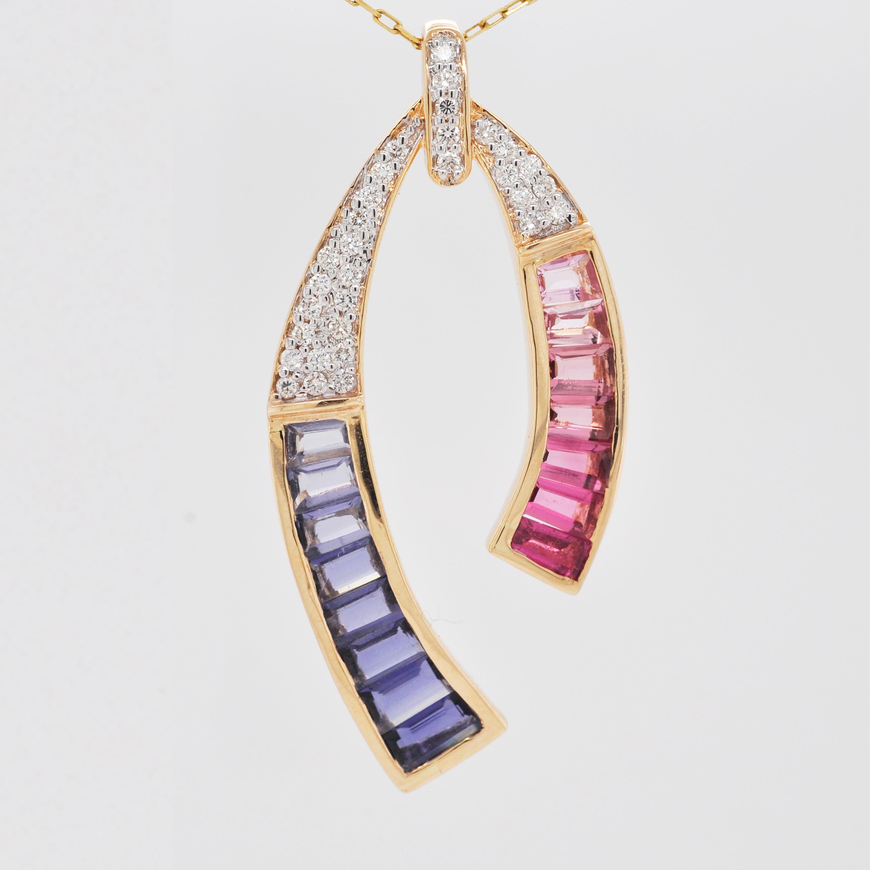 Baguette Cut 18 Karat Yellow Gold Pink Tourmaline Iolite Baguette Diamond Pendant Necklace For Sale