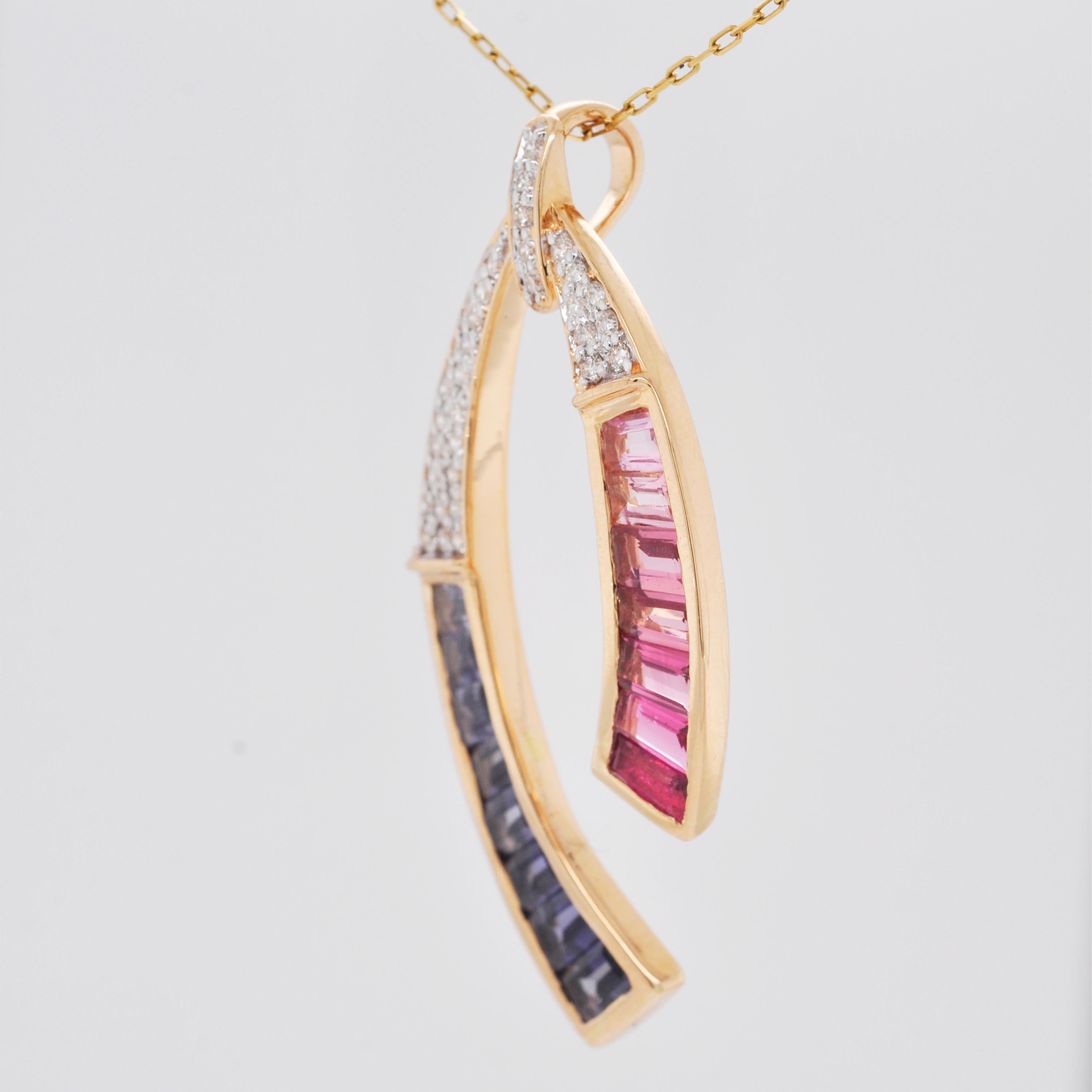 Women's 18 Karat Yellow Gold Pink Tourmaline Iolite Baguette Diamond Pendant Necklace For Sale