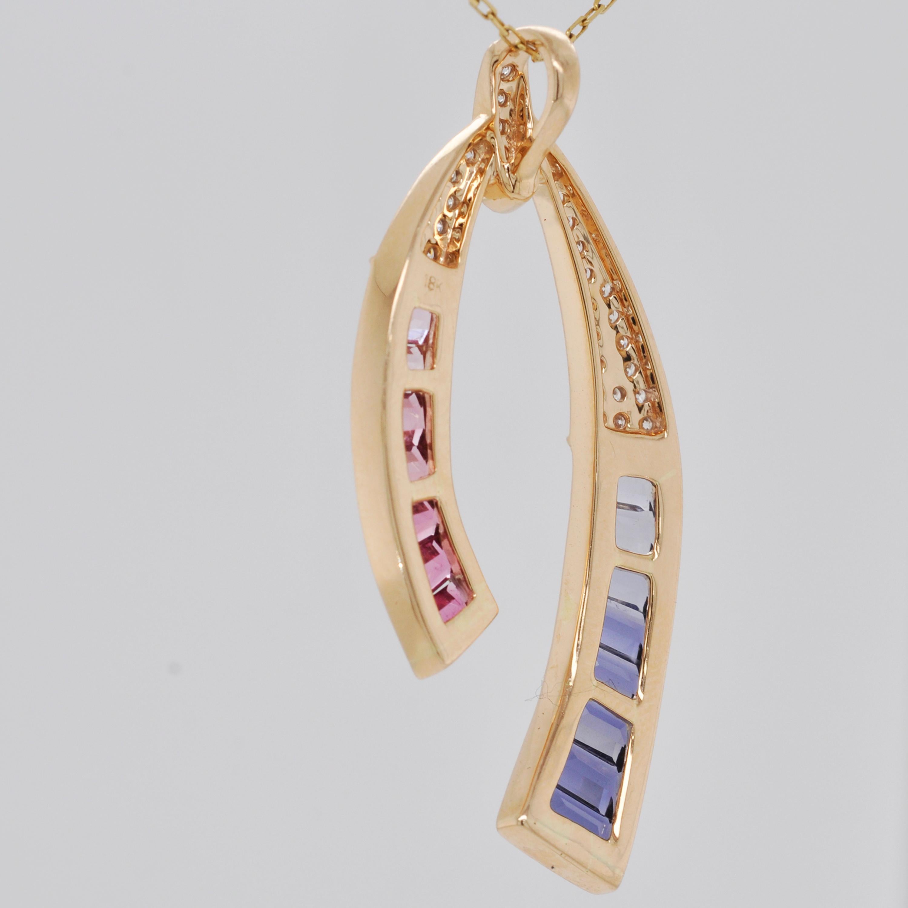 18 Karat Yellow Gold Pink Tourmaline Iolite Baguette Diamond Pendant Necklace For Sale 1