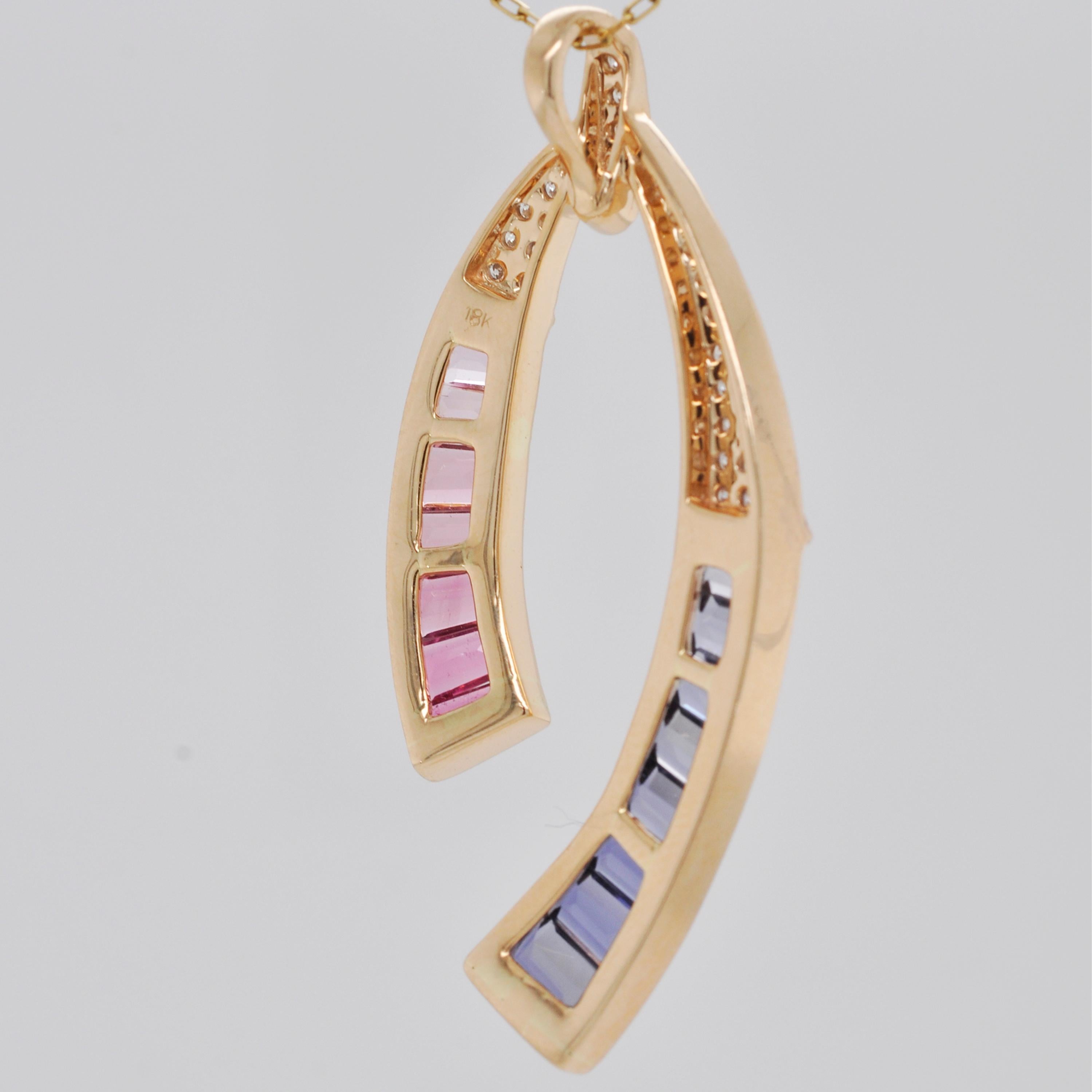 18 Karat Yellow Gold Pink Tourmaline Iolite Baguette Diamond Pendant Necklace For Sale 2