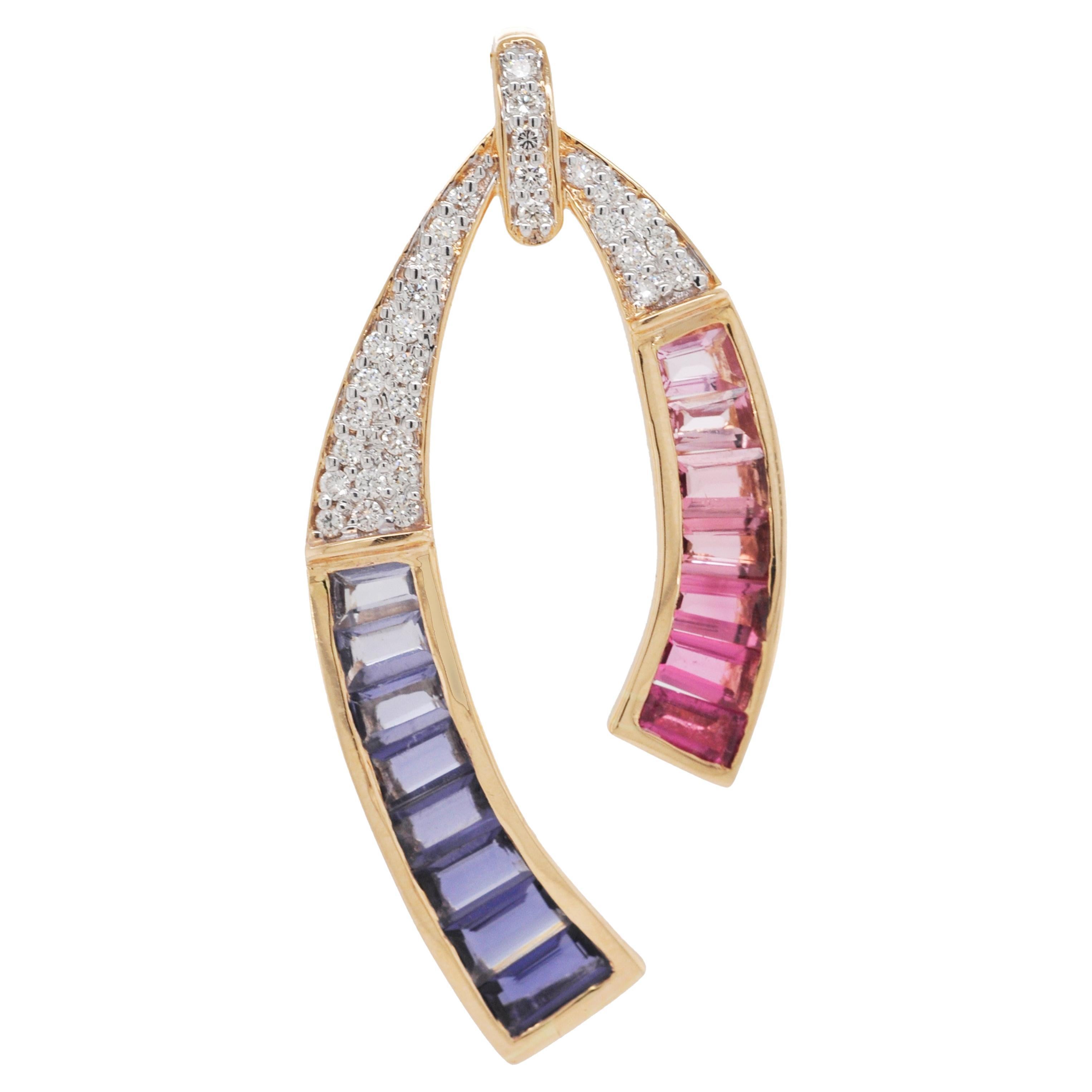 18 Karat Yellow Gold Pink Tourmaline Iolite Baguette Diamond Pendant Necklace For Sale