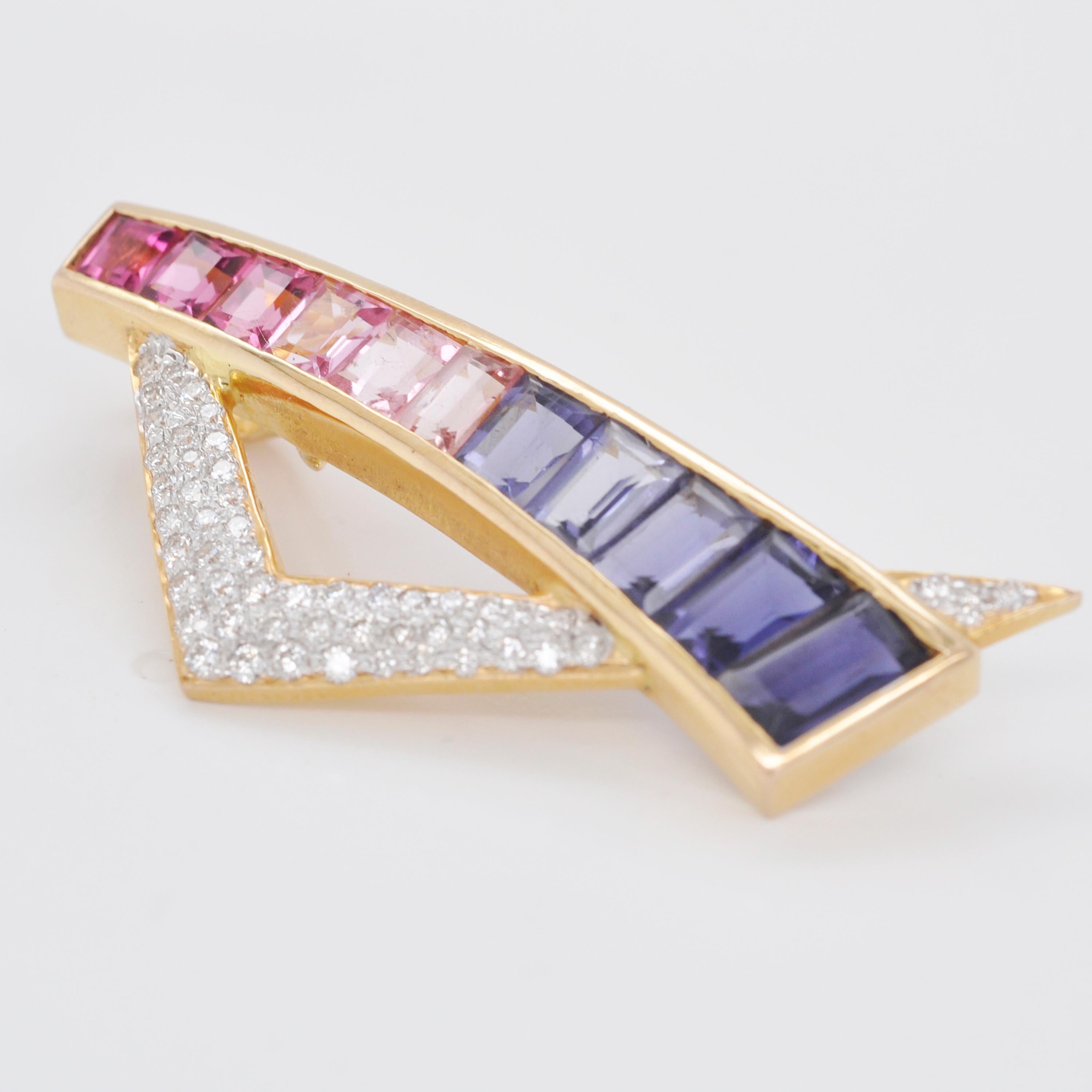 Women's 18 Karat Yellow Gold Pink Tourmaline Iolite Diamond Contemporary Pendant For Sale