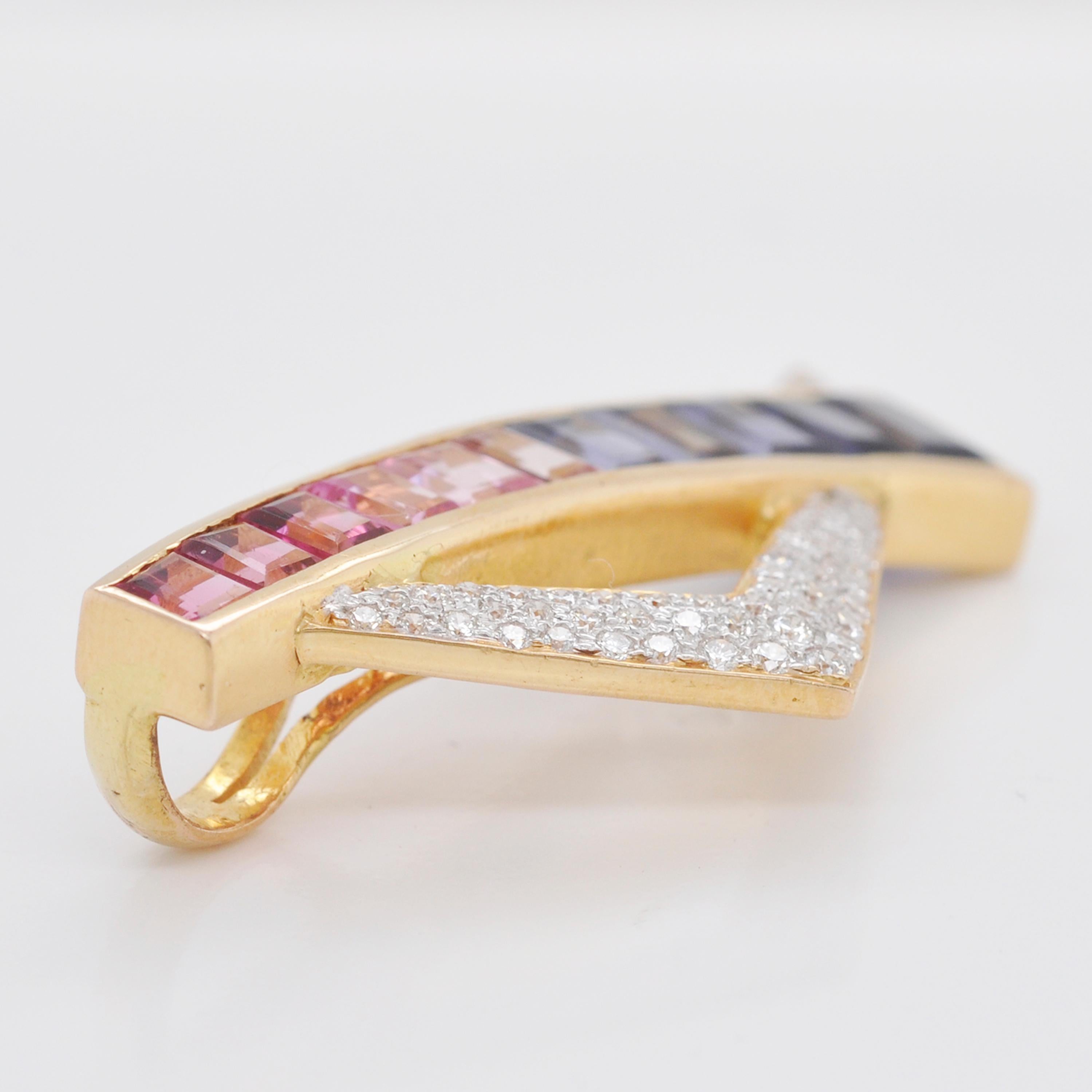 18 Karat Yellow Gold Pink Tourmaline Iolite Diamond Contemporary Pendant For Sale 2