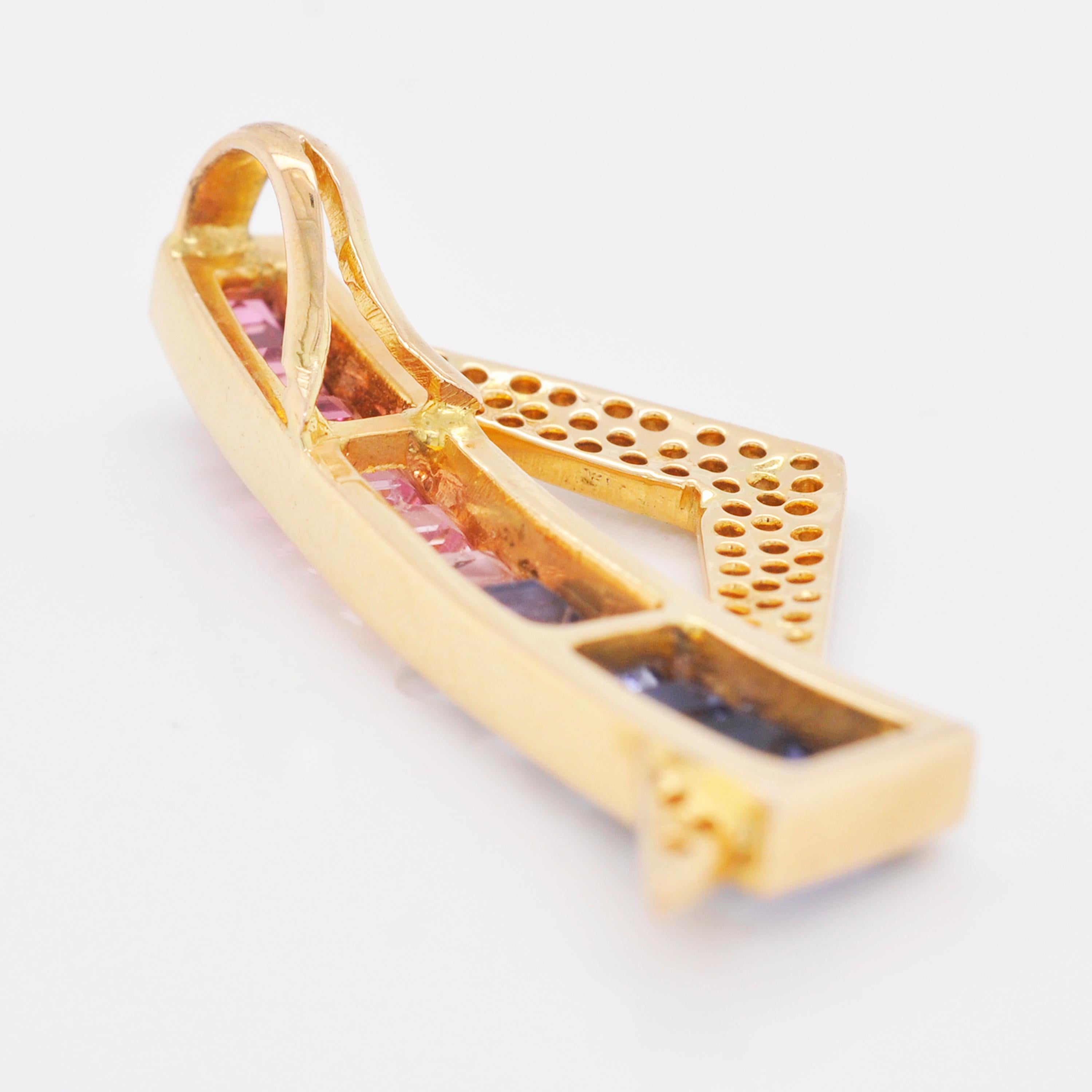 18 Karat Yellow Gold Pink Tourmaline Iolite Diamond Contemporary Pendant For Sale 4