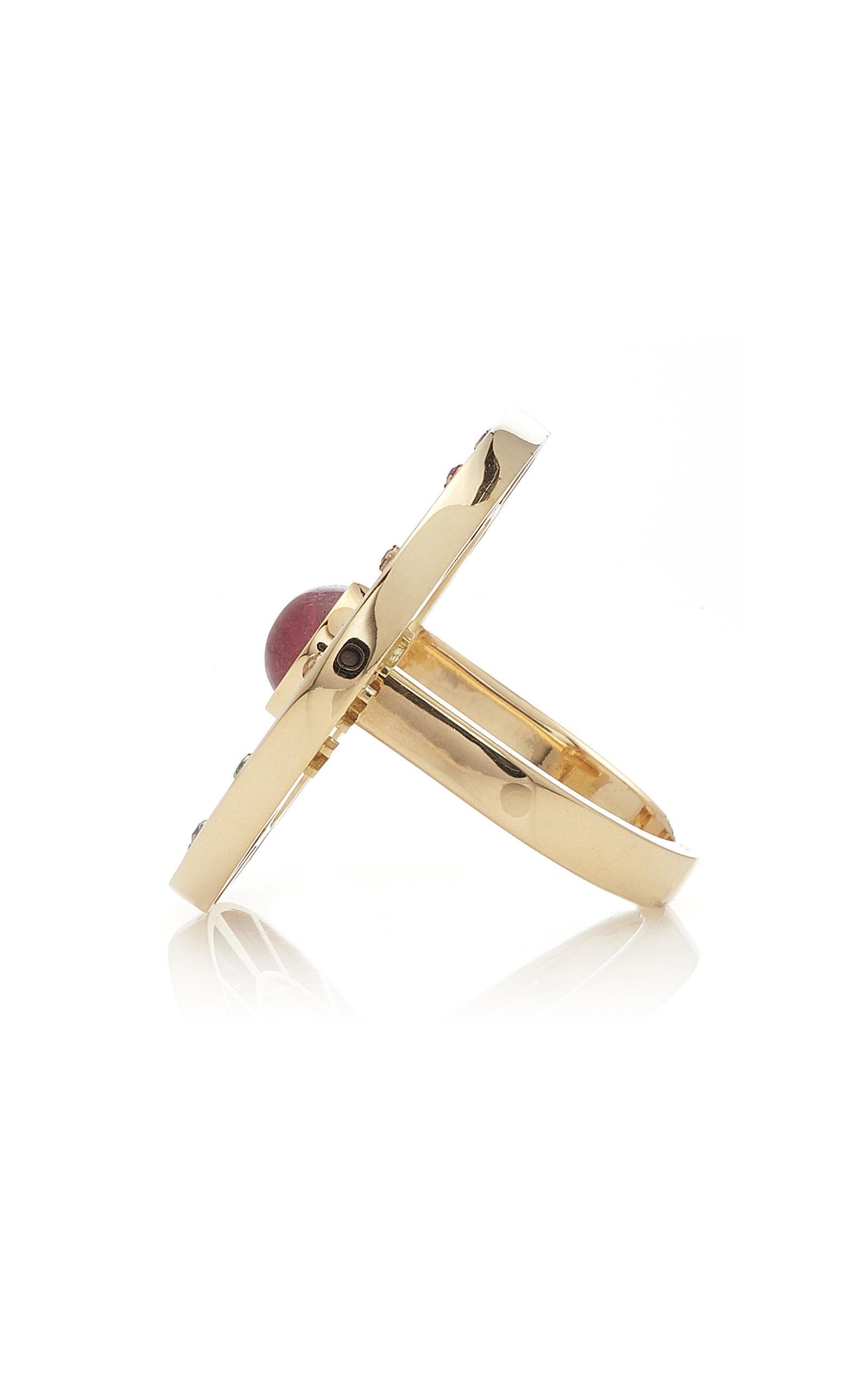 Contemporary 18 Karat Yellow Gold, Pink Tourmaline Sapphire and Mother of Pearl Ring For Sale